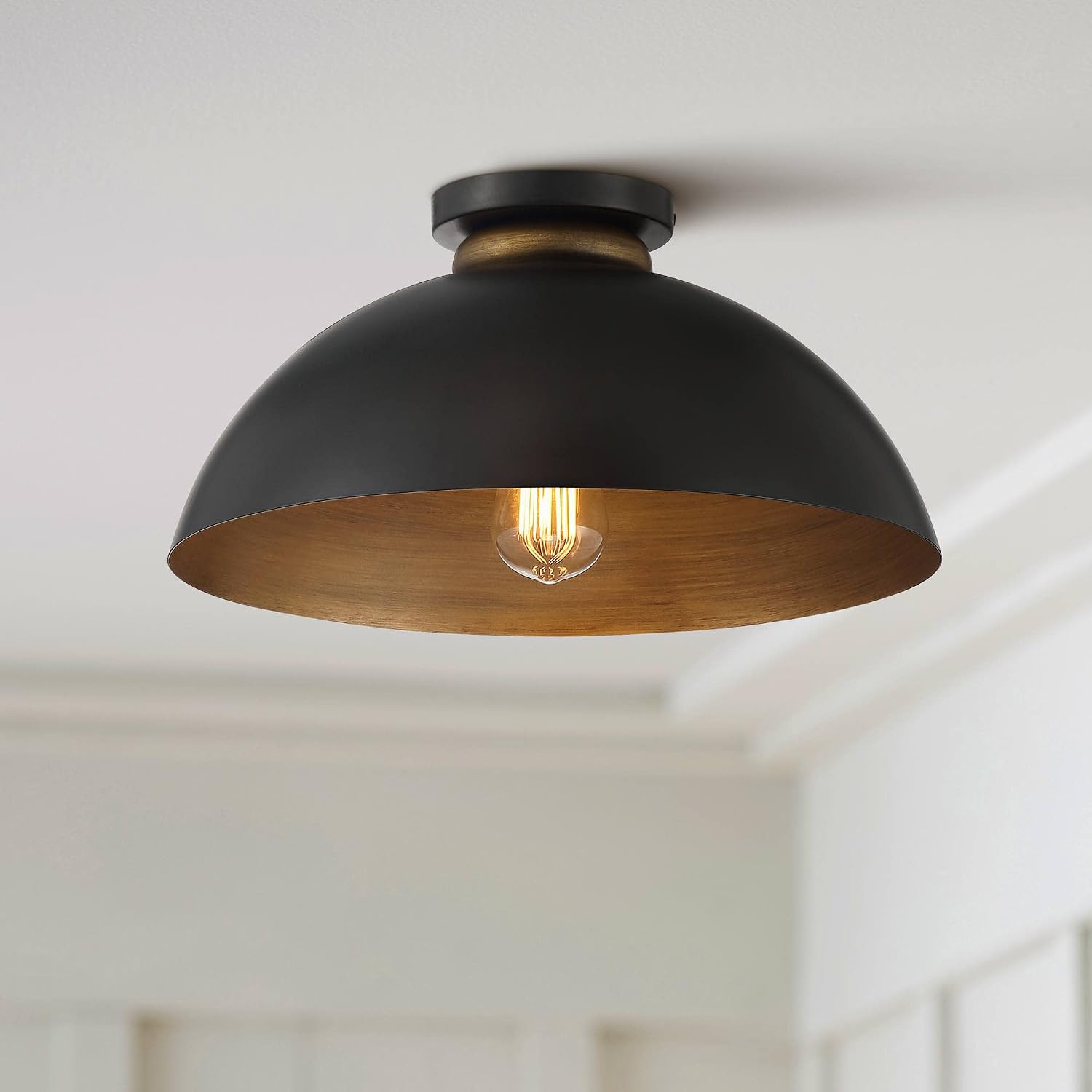 Possini Euro Design Janie Modern Industrial Semi Flush-Mount Fixture 15 1/2' Wide Black Exterior Gold Interior Dome Shade for Bedroom Kitchen Living Room Hallway Bathroom House Home