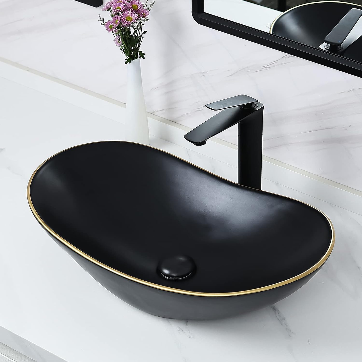 Davivy 24.5'' X 13.8'' Large Matte Black Oval Vessel Sink with Pop Up Drain,Bathroom Sinks Above Counter,Black Vessel Sink with Gold Trim,Ceramic Vessel Sinks for Bathrooms (Large)