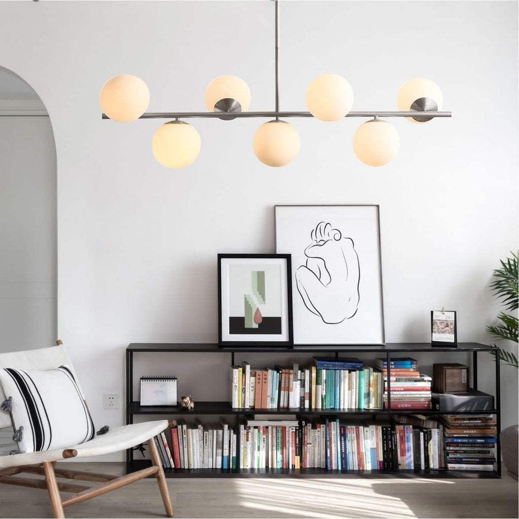 KCO Lighting 7-Light Linear Sputnik Chandelier Brushed Nickel Pendant Light | 31.5' Rod for Sloped Ceiling, 12W 3000K E26 Bulb Included, MCM White Milk Glass Light Fixture for Kitchen Island Dining Room