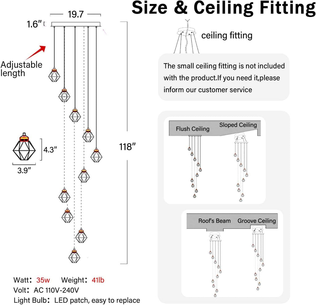 10-Light Chandelier Staircase Chandeliers for High Ceilings Crystal Chandeliers for Living Room Black Pendant Light Dimmable LED Hanging Light with Remote