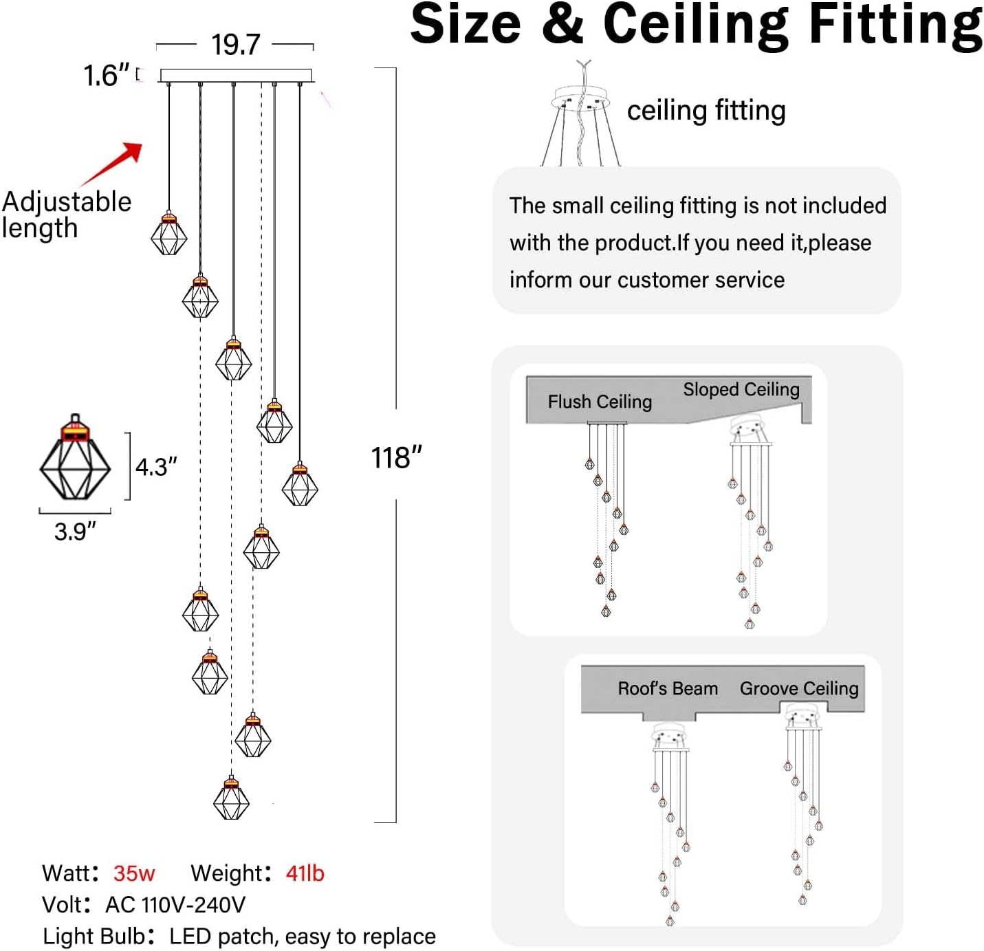 10-Light Chandelier Staircase Chandeliers for High Ceilings Crystal Chandeliers for Living Room Black Pendant Light Dimmable LED Hanging Light with Remote