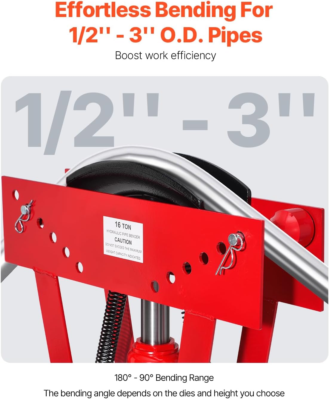 VEVOR Hydraulic Pipe Bender, 16 Ton Manual Copper Exhaust Pipe Bending Machine with 8 Dies (1/2' - 3') and 90-180° Adjustable Rollers, Heavy-Duty Pipe Tube Bender for Piping Railing Construction