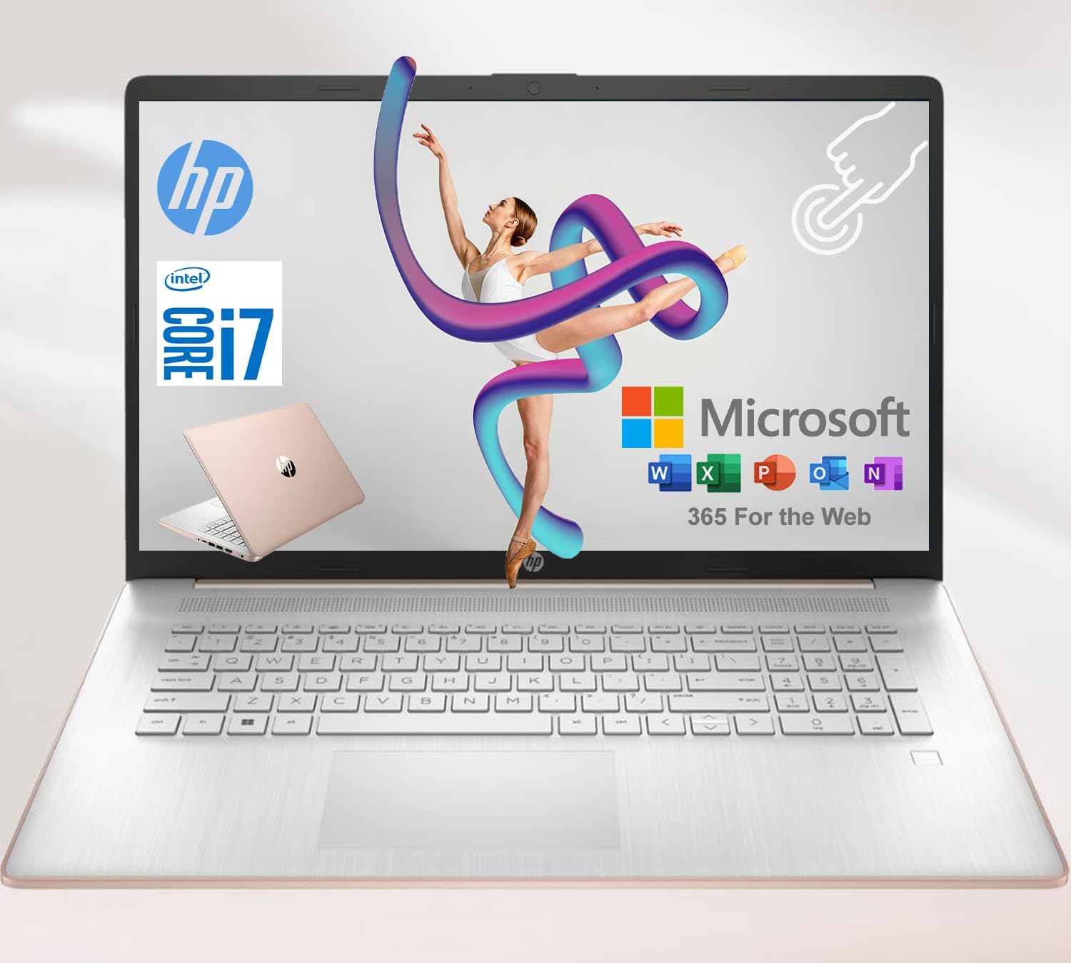 HP 17.3 Inch Touchscreen Laptop with Lifetime Microsoft 365 for The Web, Backlit Keyboard, Intel i7, 32GB RAM, 2TB Onboard and 128GB External Storage, Wi-Fi 6, 15Hrs Battery, Rose Gold, Windows 11