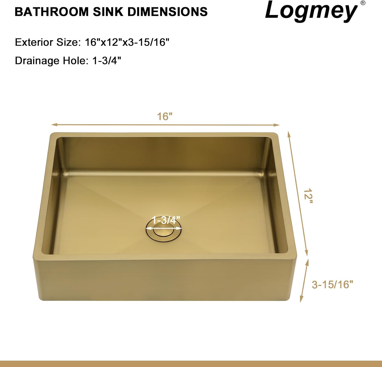 Logmey 16' Gold Shallow Bathroom Vessel Sink 16x12 Small Handmade 16 Gauge Stainless Steel Above Counter 4' Deep RV Bathroom Sink Rectangle Vessel Sinks with Pop up Drain Set