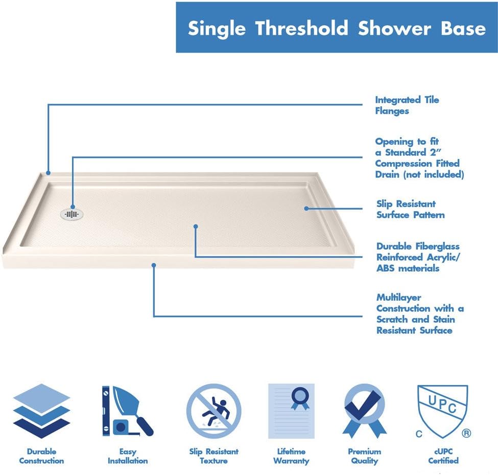 DreamLine SlimLine 32 in. D x 60 in. W x 2 3/4 in. H Left Drain Single Threshold Shower Base in Biscuit, DLT-1132601-22