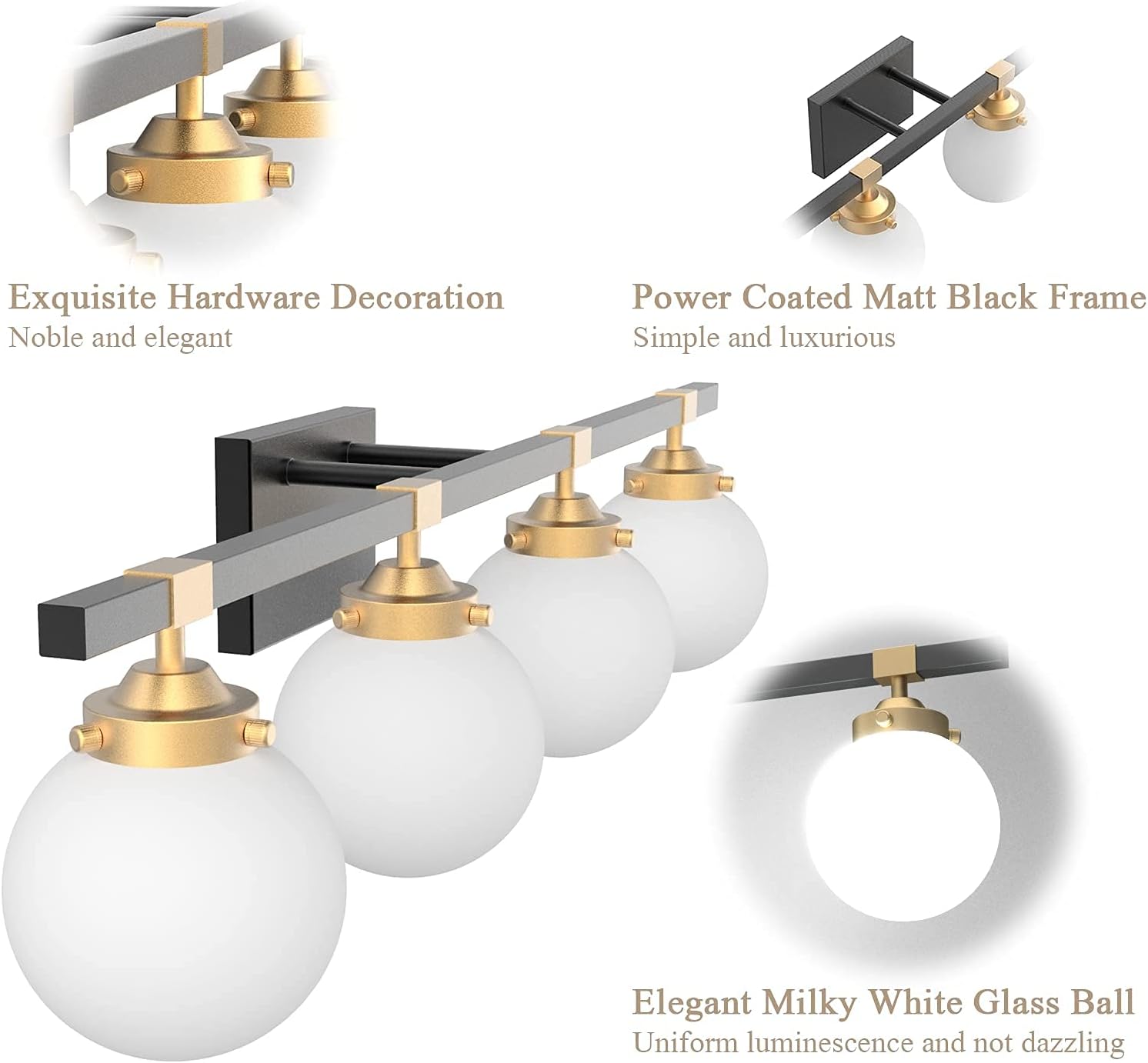 Tipace 4 Lights Mid Century Modern Bathroom Vanity Light Fixtures Over Mirror,Black/Golden Vanity Lights with Milk White Glass Globe for Bathroom(Exclude Bulb)