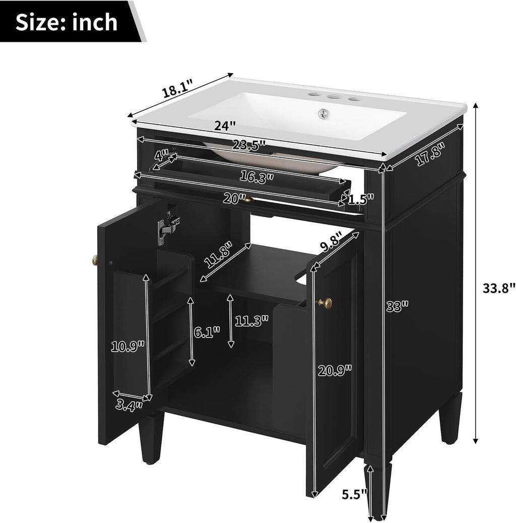 24-inch Bathroom Vanity with Sink Combo, Free-Standing Single Storage Cabinet with Tilt-Out Drawer, 2 Doors, Adjustable Shelf & Storage Rack, Vanity with Ceramic Basin for Bathroom (Black)