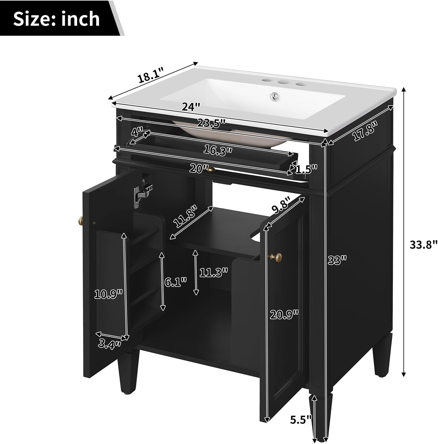 24-inch Bathroom Vanity with Sink Combo, Free-Standing Single Storage Cabinet with Tilt-Out Drawer, 2 Doors, Adjustable Shelf & Storage Rack, Vanity with Ceramic Basin for Bathroom (Black)
