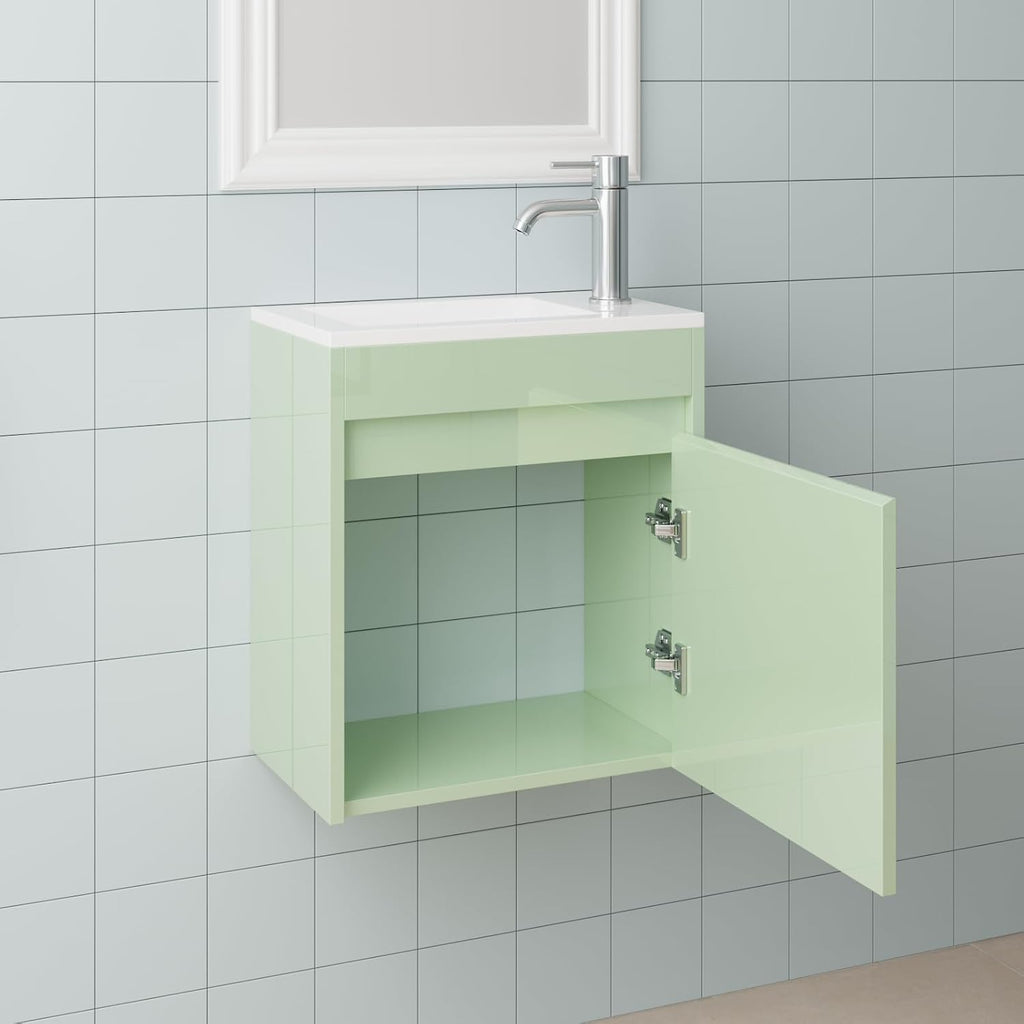 wonline 16' Floating Bathroom Vanity with Sink, Wall Mounted Resin Basin Cabinet Combo for Small Bathrooms, High Gloss Green, Includes Chrome Faucet & Pop Up Drain