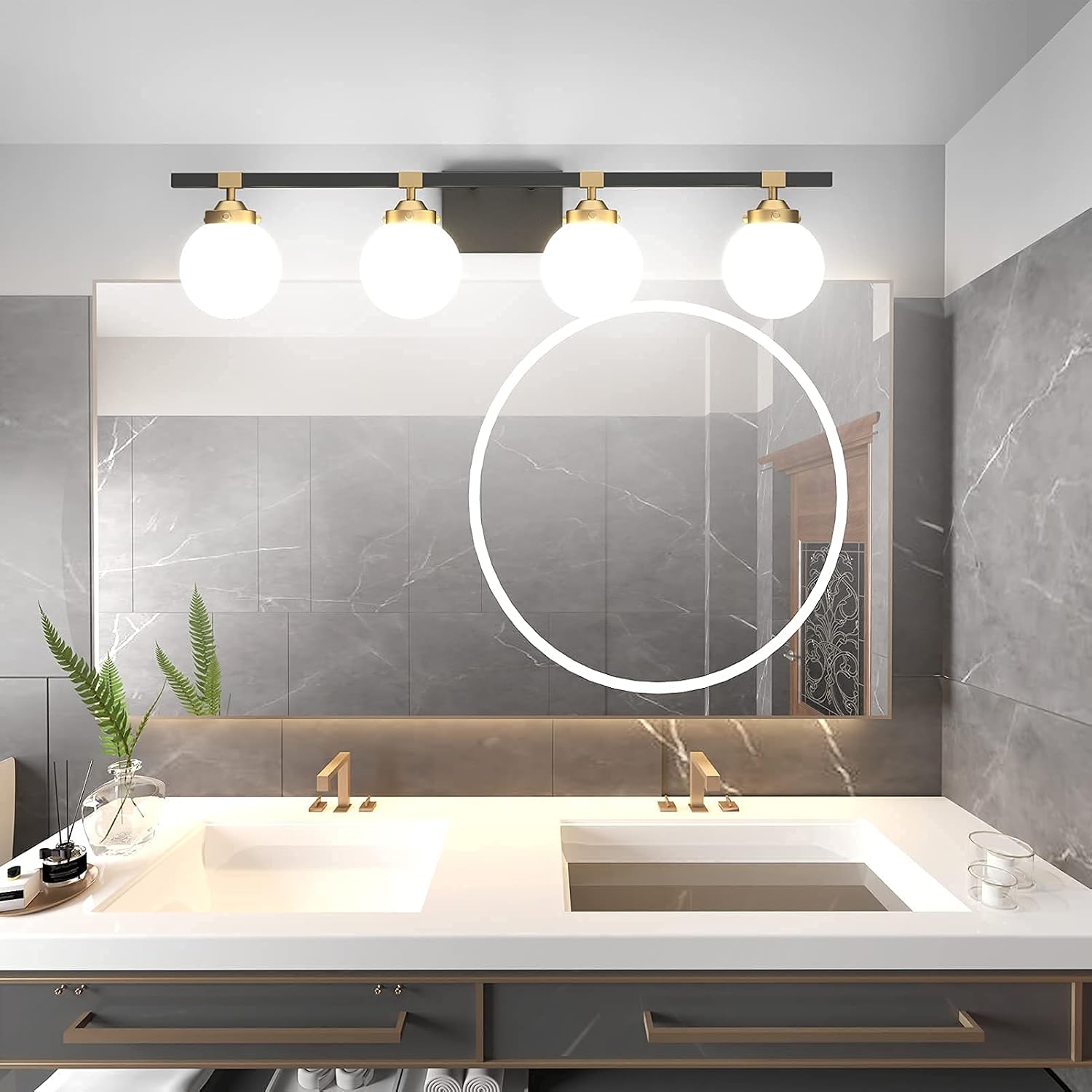 Tipace 4 Lights Mid Century Modern Bathroom Vanity Light Fixtures Over Mirror,Black/Golden Vanity Lights with Milk White Glass Globe for Bathroom(Exclude Bulb)