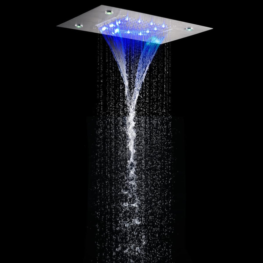 14X20 Inch LED Ceiling Rain Shower Head Rectangle Embedded Type With LED Lights Remote Control (Waterfall And Rain Shower Head, Brushed Nickel)