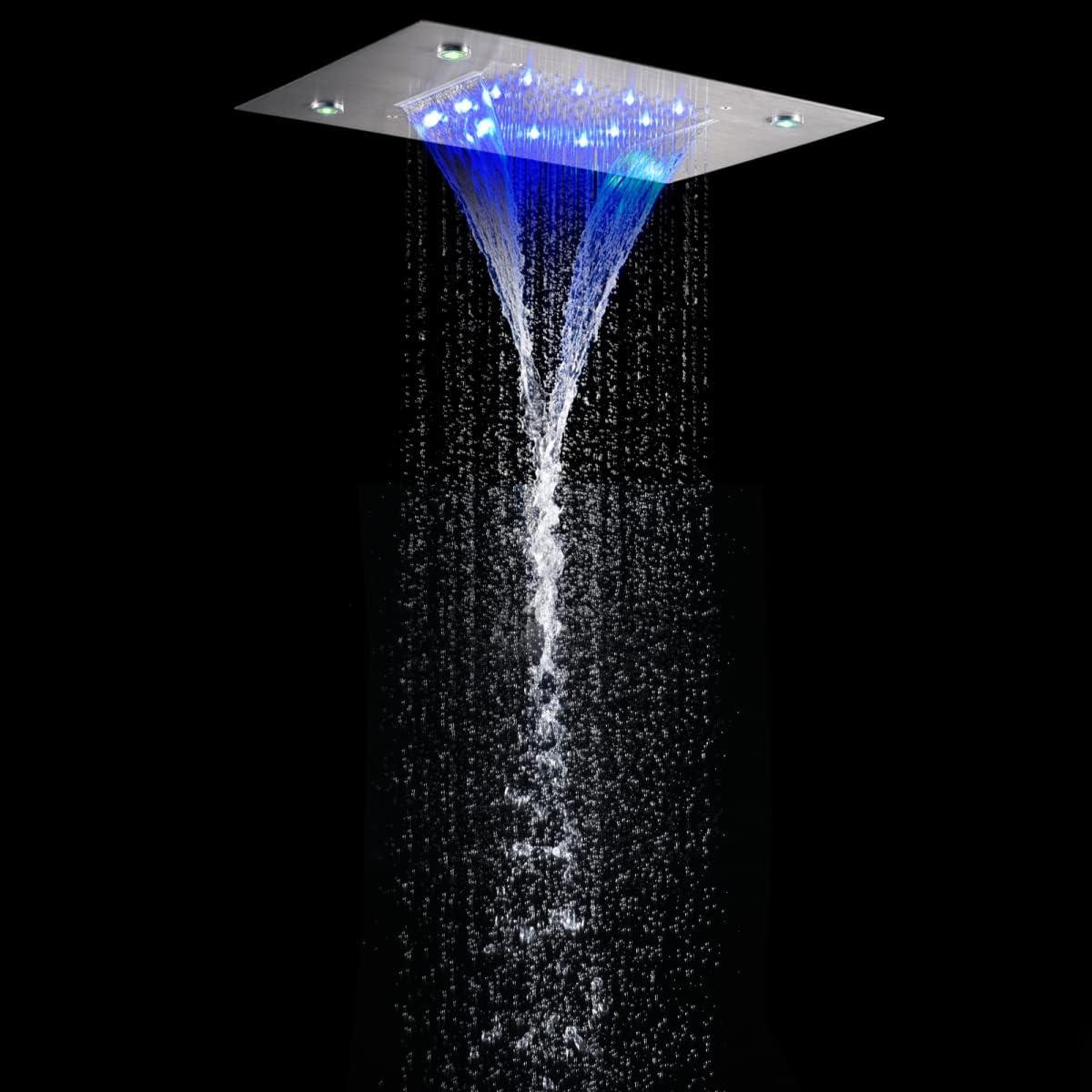 14X20 Inch LED Ceiling Rain Shower Head Rectangle Embedded Type With LED Lights Remote Control (Waterfall And Rain Shower Head, Brushed Nickel)