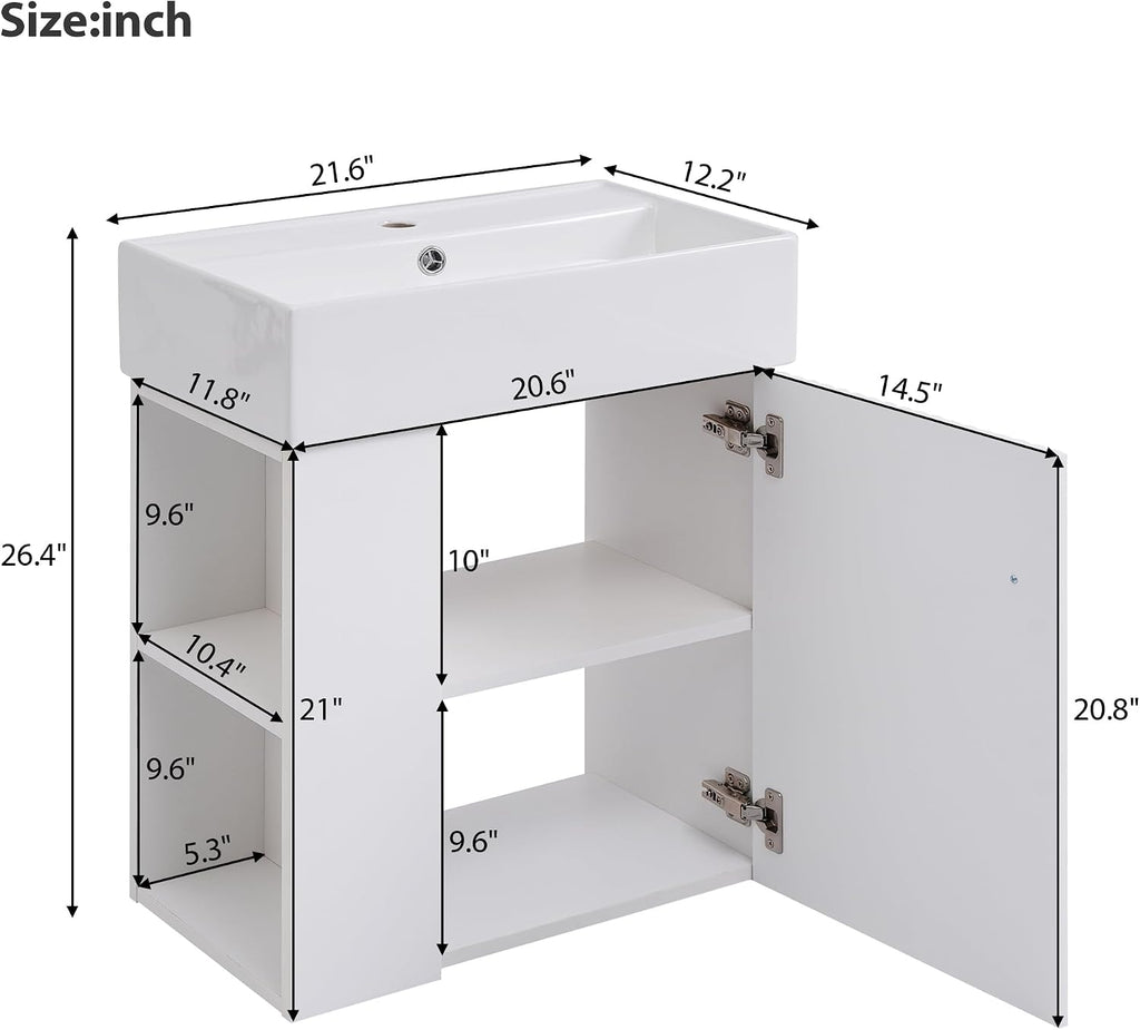 21.6-inch Bathroom Vanity with Sink, Wall-Mounted Vanity Cabinet with Storage Cabinet & Left Two-Tier Shelf, Solid Wood Bath Vanity Organizer with Ceramic Sink for Bathroom, White