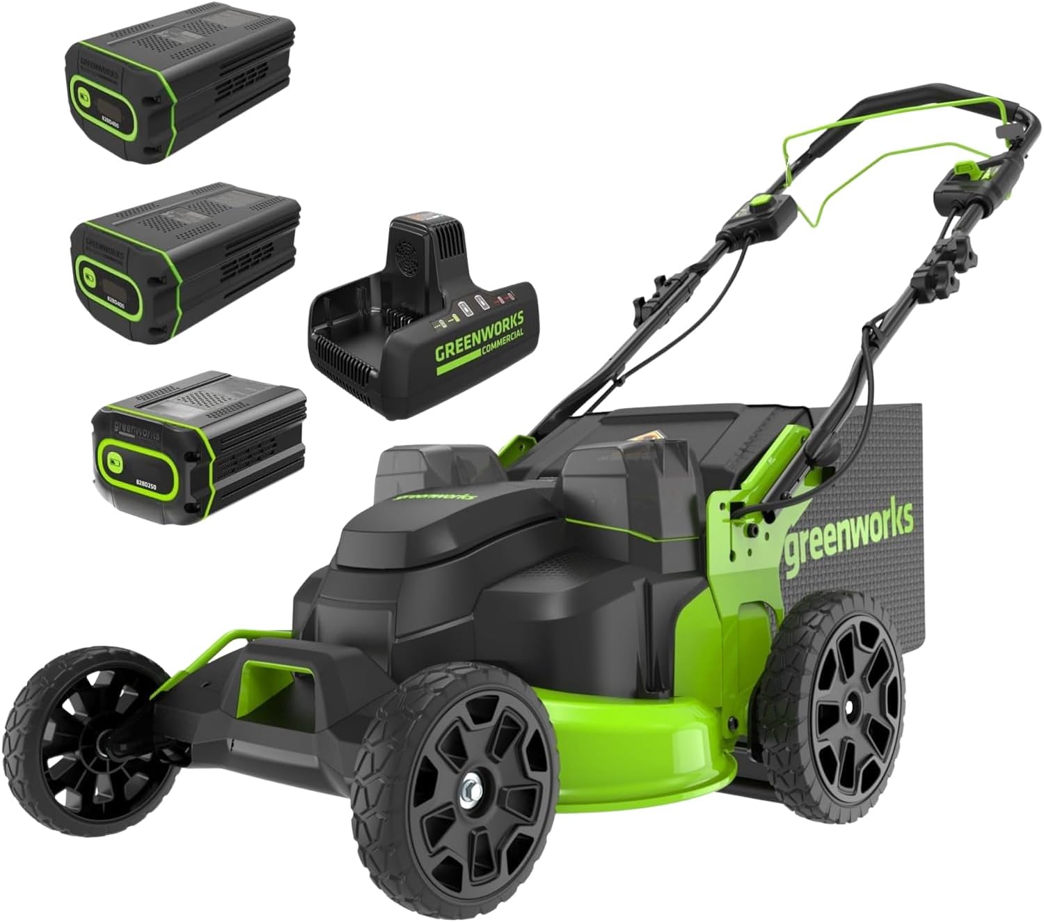Greenworks 82V Bundle - 25' Brushless (Self-Propelled) Cordless Lawn Mower, (2) 4.0Ah Batteries and Dual Port Rapid Charger + Bonus 4.0Ah Battery (Bonus Battery)