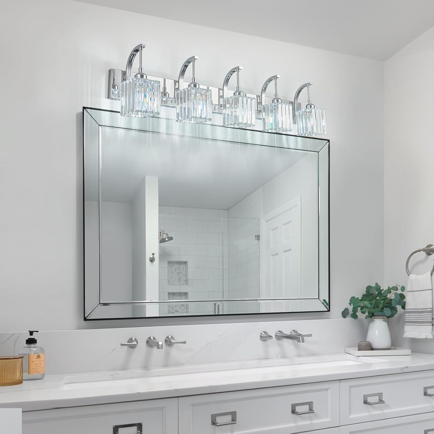 Crystal Vanity Lights 5-Light Chrome Bathroom Vanity Lights Modern Crystal Bathroom Light Fixtures Over Mirror 42.51' Long Vanity Light for Bathroom