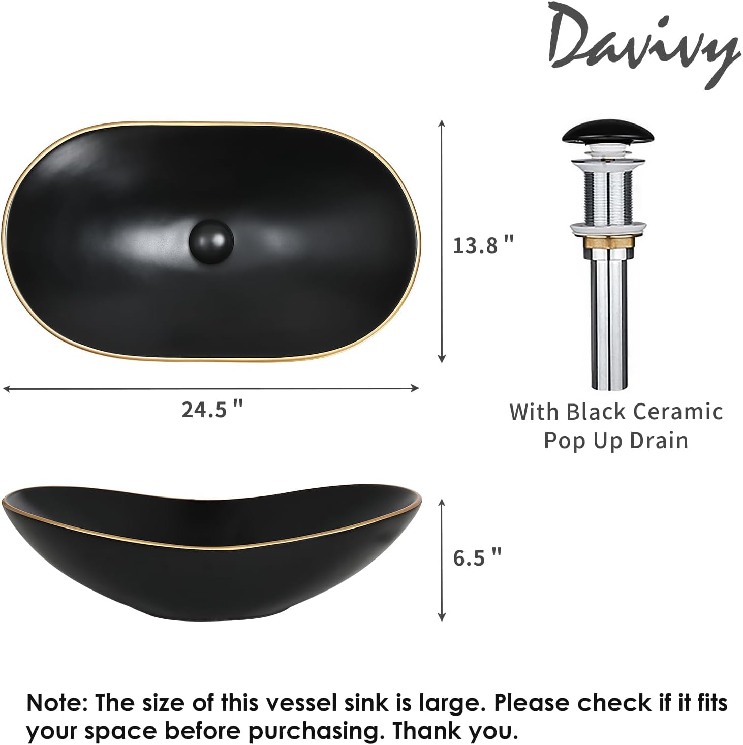 Davivy 24.5'' X 13.8'' Large Matte Black Oval Vessel Sink with Pop Up Drain,Bathroom Sinks Above Counter,Black Vessel Sink with Gold Trim,Ceramic Vessel Sinks for Bathrooms (Large)