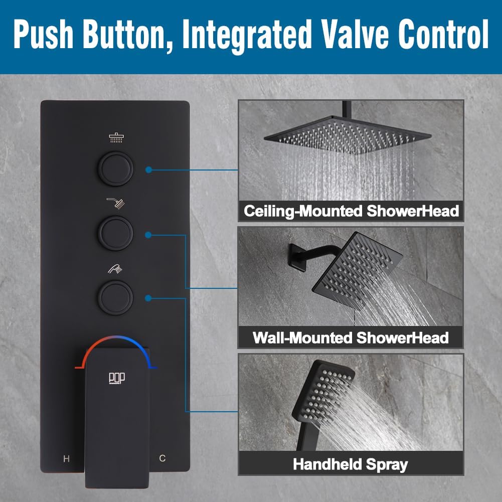 Matte Black Shower Faucet Set Bathroom Rainfall Shower System, 12 Inch Ceiling Mount Shower Head with 6 Inch Wall Mount Shower Head, Include Shower Valve and Trim Kit