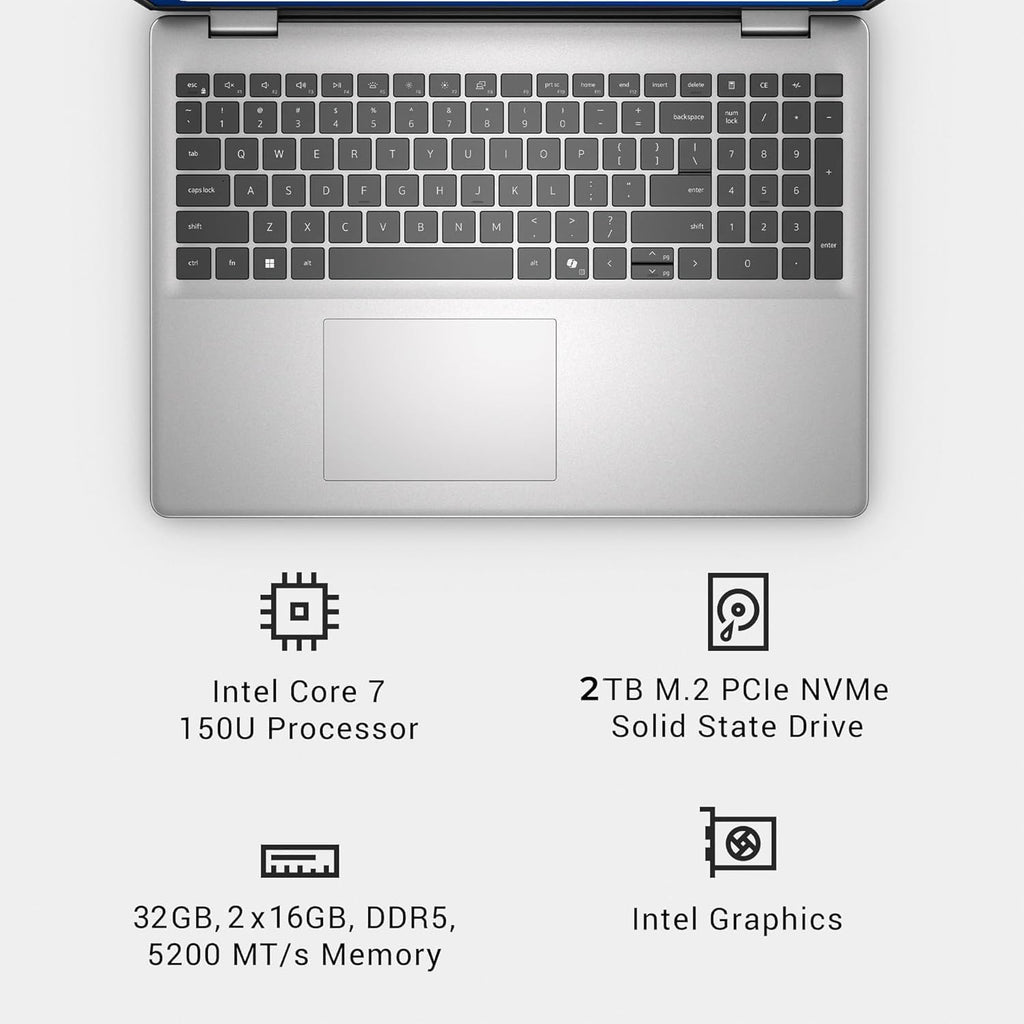 Dell 16 DC16251 Touchscreen Laptop, 16.0-inch 16:10 FHD+ Touch Display, Intel Core 7 150U Processor, 32 GB DDR5, 2 TB SSD, Backlit Keyboard, Fingerprint Reader, Business & Student, Windows 11 Pro