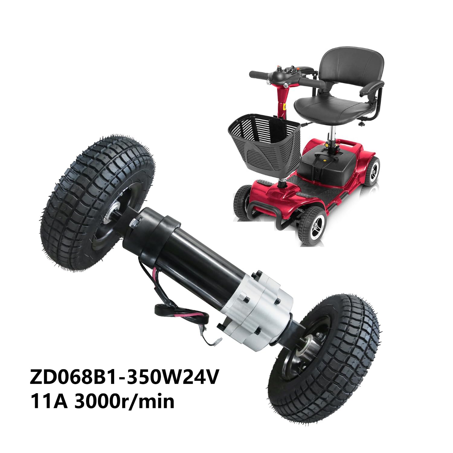 24V 350W Electric Motor Transaxle Differential, 11A 3000r/min for Electric Mobility Scooter Powered Wheelchair Electric Trolley Cart Tricycles, with Pack of 2 Rear 9x3.50-4 Wheel Tire