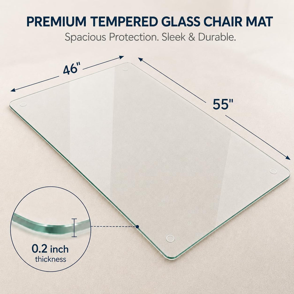 46 x 55 Inch Glass Chair Mat, 1/5 Inch Thick Tempered Glass Office Chair Mat for Carpet and Hardwood Floors, Heavy Duty Clear Floor Protector with Polished Edges and 8 Non-Slip Pads