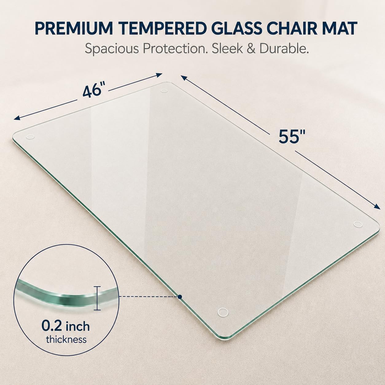 46 x 55 Inch Glass Chair Mat, 1/5 Inch Thick Tempered Glass Office Chair Mat for Carpet and Hardwood Floors, Heavy Duty Clear Floor Protector with Polished Edges and 8 Non-Slip Pads