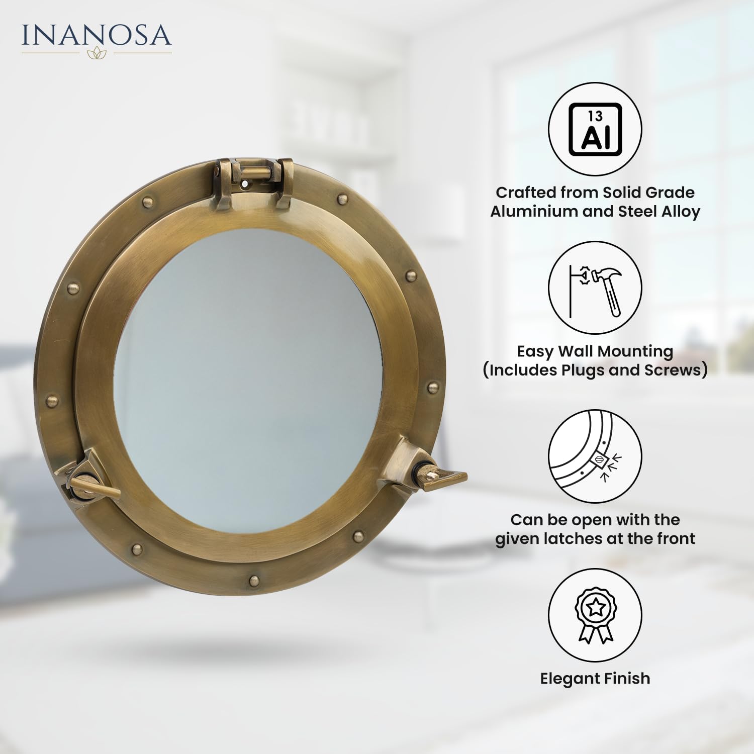 17 Inch Nautical Porthole Mirror for Bathroom – Antique Brass Vanity Porthole Mirror, Round Nautical Bathroom Decor Wall Mirror