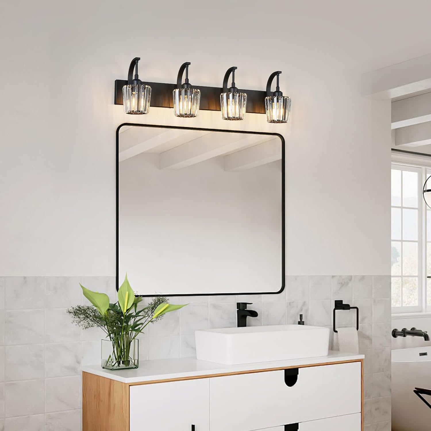 Modern Bathroom Vanity Light, 4-Light Black Wall Sconce with Crystal Accents, Over Mirror Bathroom Lighting Fixture, 32.67' Long Dimmable Vanity Lamp for Makeup, Easy Installation