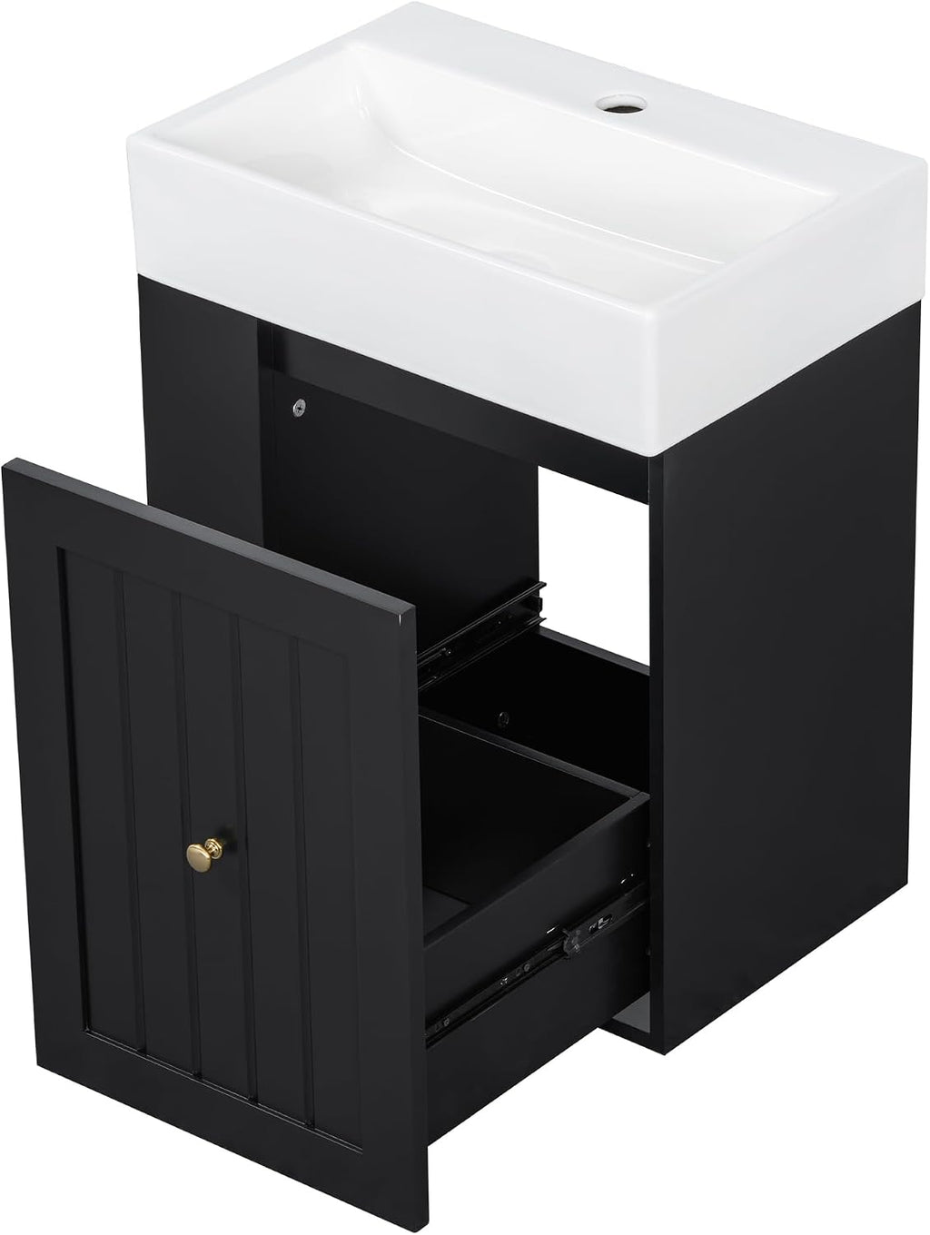 20-inch Bathroom Vanity with Sink Combo, Wall-Mounted Single Storage Cabinet with One Drawer& Left 2-Tier Storage Shelves, Wooden Vanity with Ceramic Basin for Bathroom, Black