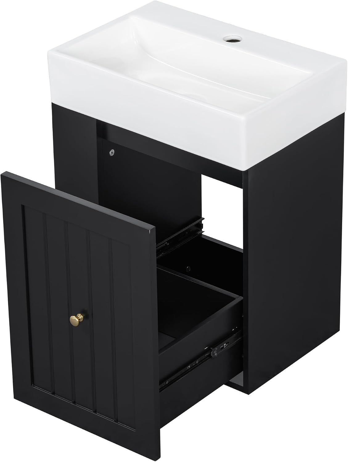 20-inch Bathroom Vanity with Sink Combo, Wall-Mounted Single Storage Cabinet with One Drawer& Left 2-Tier Storage Shelves, Wooden Vanity with Ceramic Basin for Bathroom, Black