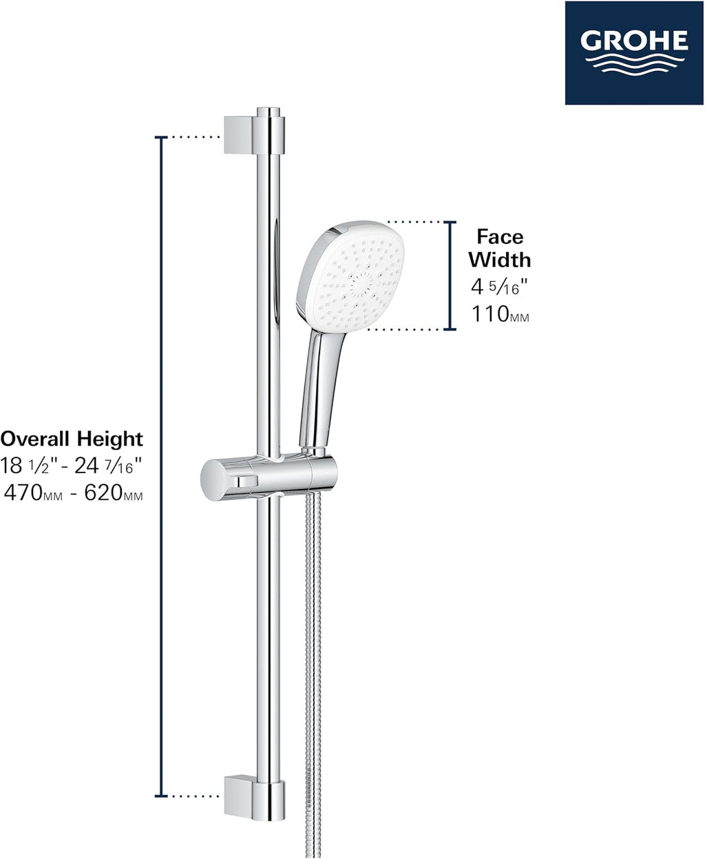 GROHE 269062432 Tempesta 24-Inch Shower Rail Set, 3-Spray, Square, 1.75 GPM, Matte Black