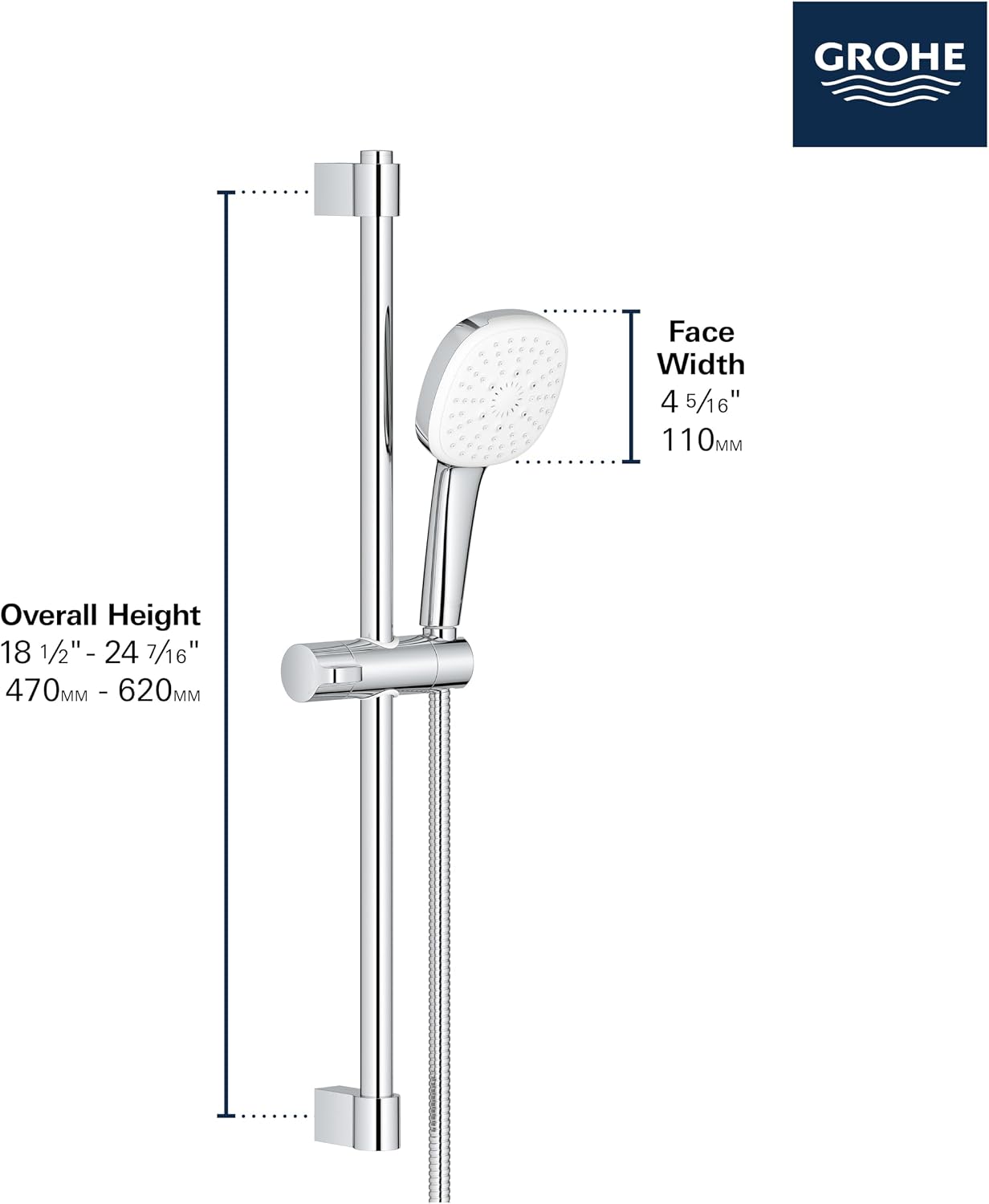 GROHE 269062432 Tempesta 24-Inch Shower Rail Set, 3-Spray, Square, 1.75 GPM, Matte Black