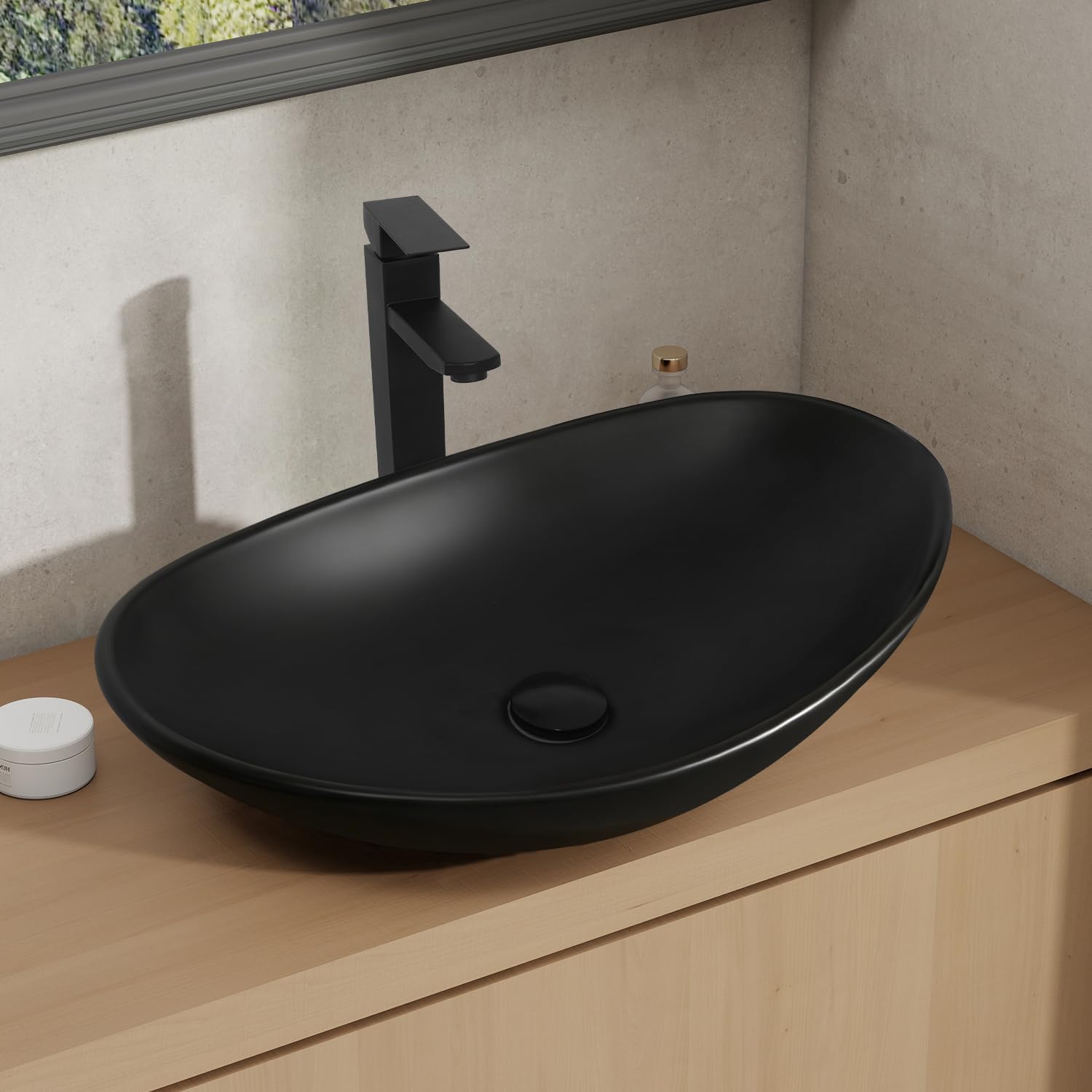 48 Inch Bathroom Vanity with Sink, Traditional Freestanding Black Bathroom Vanity Cabinet with Four Drawers, Pedestal Cabinet with Two Black Ceramic Boat Sinks