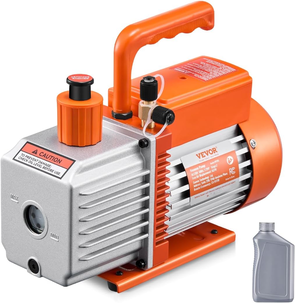 VEVOR Vacuum Pump, 6 CFM, HVAC 2 Stage Rotary Vane Vacuum Pump, for R134a R22 R410a Systems, Auto AC Vacuum Pump Kit with Oil Bottle, for Automotive Air Conditioner Maintenance Resin Degassing