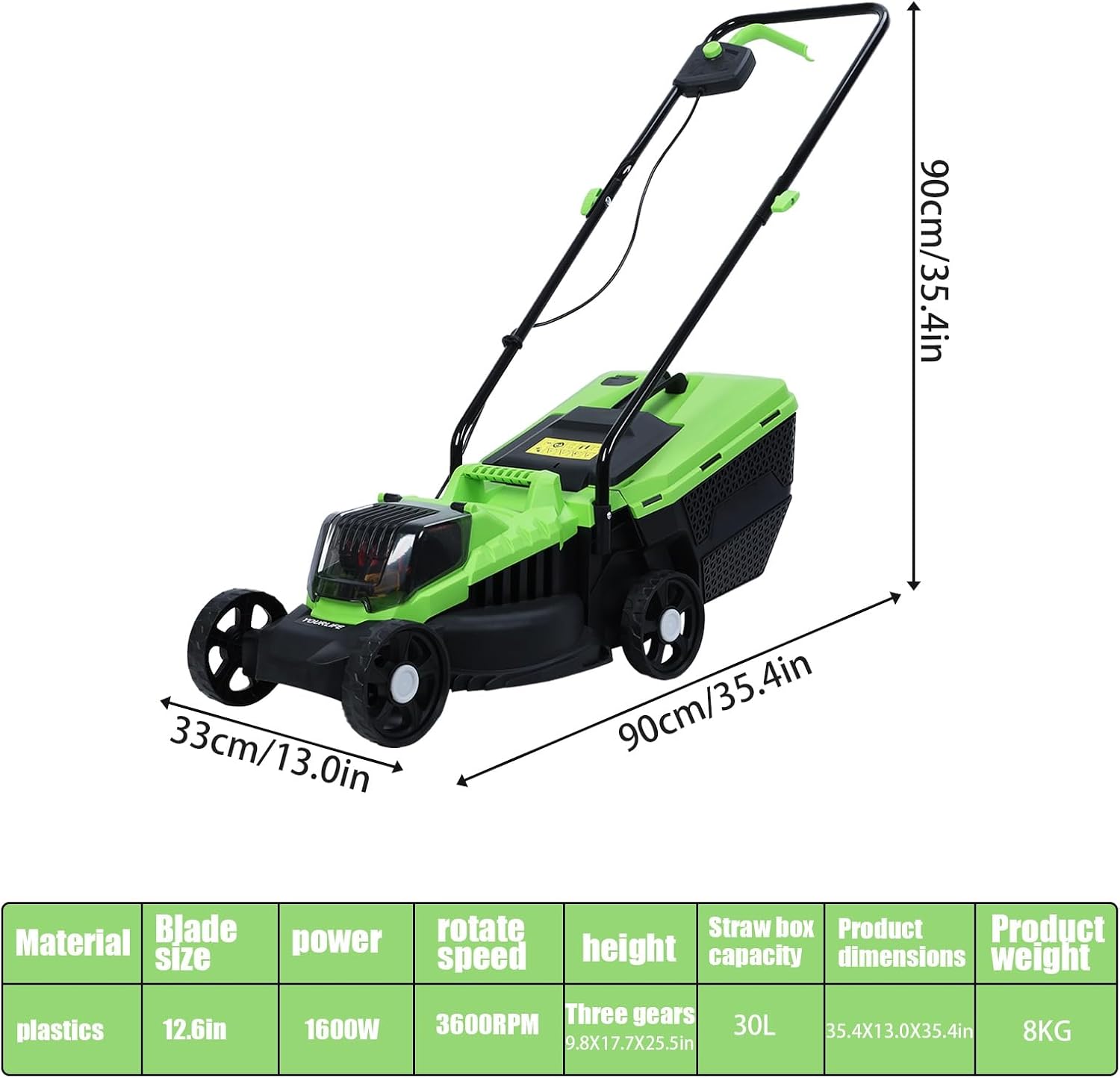 HEVIRGO 1600W Electric Lawn Mower, 32cm Cutting Width, Walk-Behind Lawn Mower, Self Propelled, 30L Grass Tank, Brushless Motor
