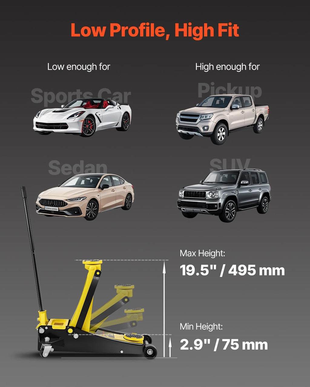 VEVOR 2.5 Ton Low Profile, Heavy-Duty Steel Racing Floor Jack with Dual Pistons Quick Lift Pump, Lifting Range 3.64'-19.49'
