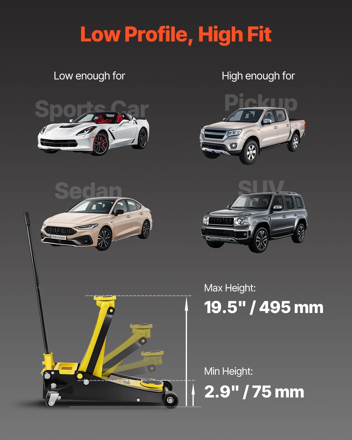 VEVOR 2.5 Ton Low Profile, Heavy-Duty Steel Racing Floor Jack with Dual Pistons Quick Lift Pump, Lifting Range 3.64'-19.49'