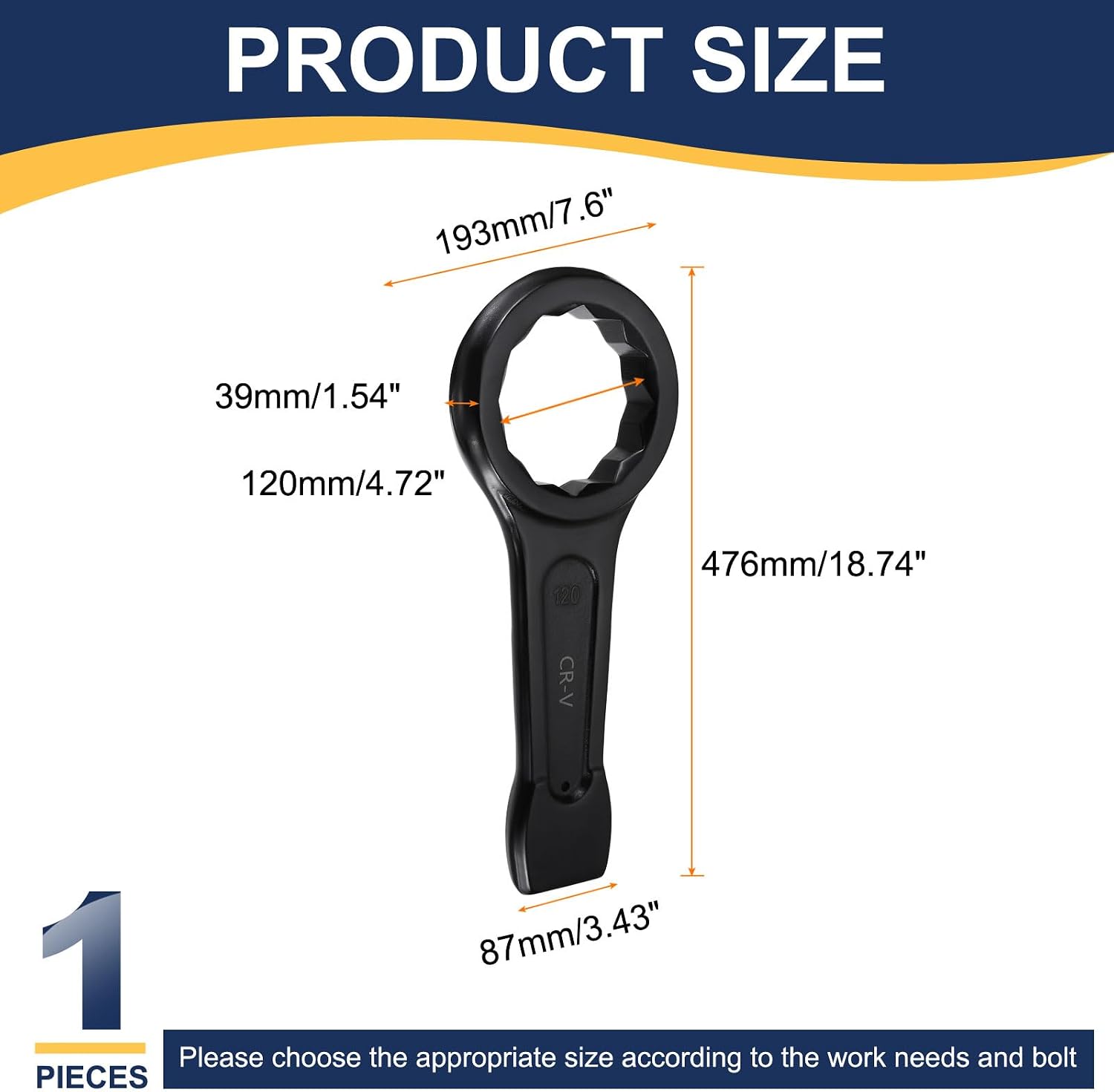 HARFINGTON Box End Striking Ring Wrench 120mm Metric CR-V Steel 12-Point Flat Strike Wrench Baking Paint Single Head Spanner Hand Tool for Mechanical Automotive Repair