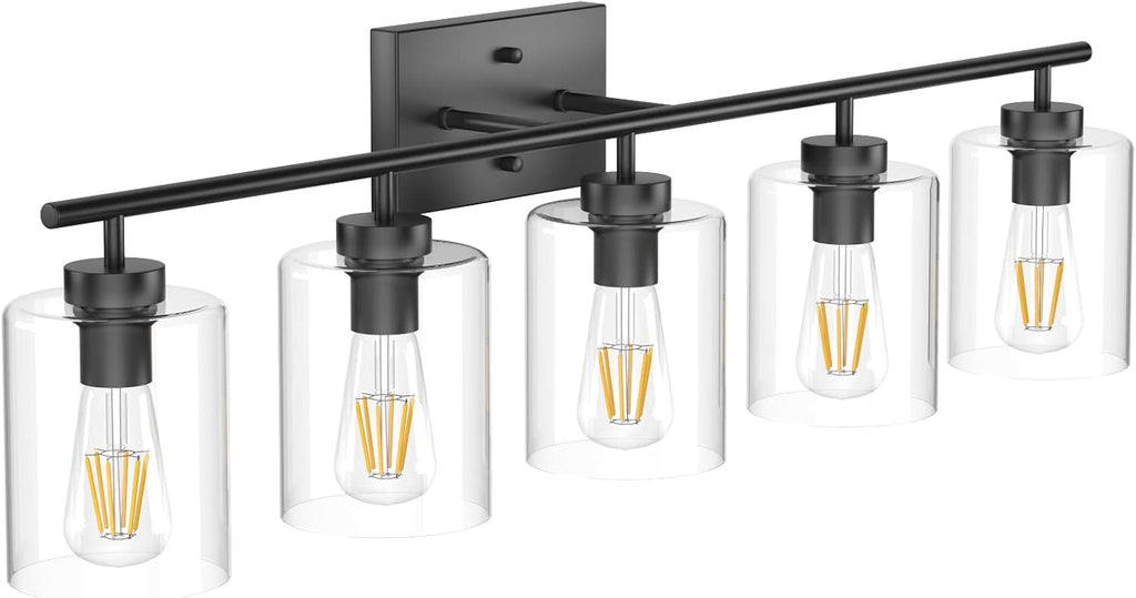 Aipsun 5 Lights Black Vanity Lights Fixtures Over Mirror with Clear Glass Shades Industrial Wall Light Fixture for Bathroom(Exclude Bulb)