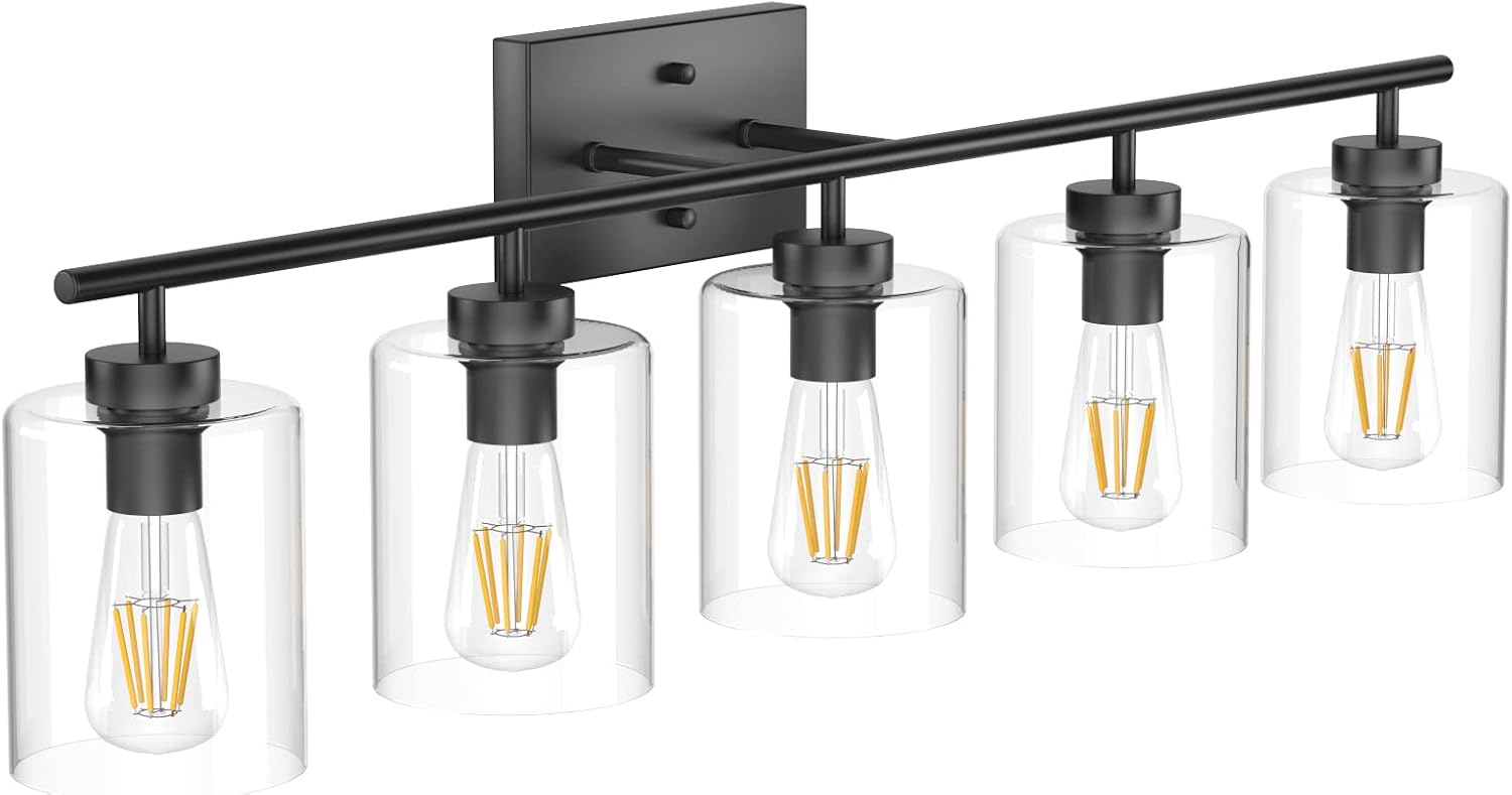 Aipsun 5 Lights Black Vanity Lights Fixtures Over Mirror with Clear Glass Shades Industrial Wall Light Fixture for Bathroom(Exclude Bulb)