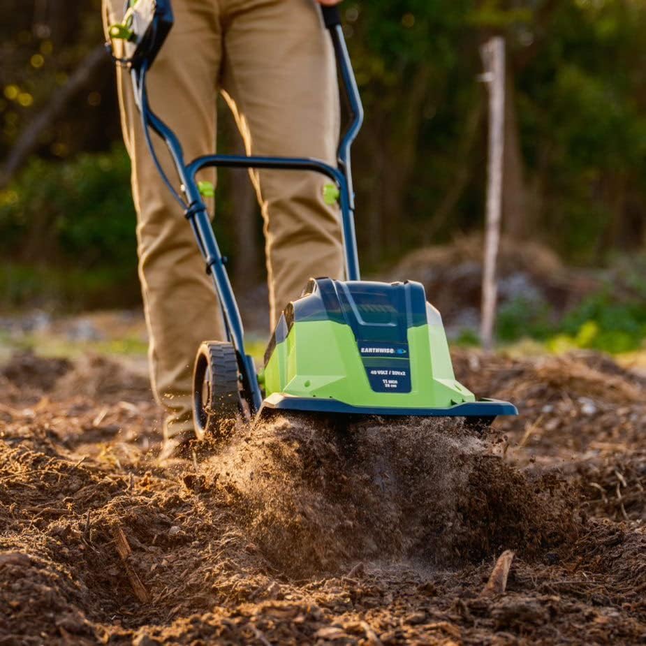 Earthwise Power Tools by ALM TC722011 11-Inch 2x20-Volt Lithium-Ion Cordless Electric Garden Tiller Cultivator, 2x20 Volt 4Ah Battery and Charger Included, Green