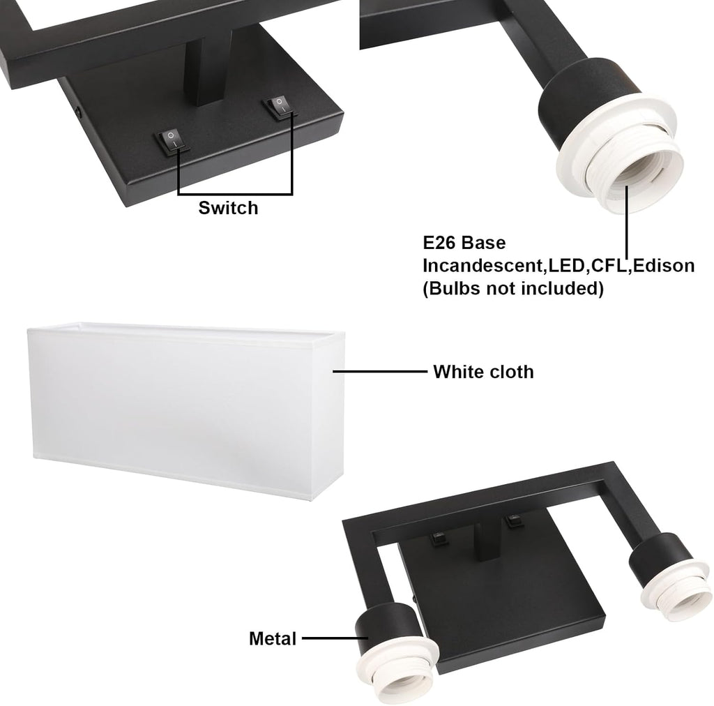 Yosoan Set of 2 Indoor Bedside Wall Sconce with On Off Switch, Modern Boho Interior Finish Brass 2-Light Vanity Vintage Industrial with Square White Fabric Shade for Reading Room Hallway(Black)