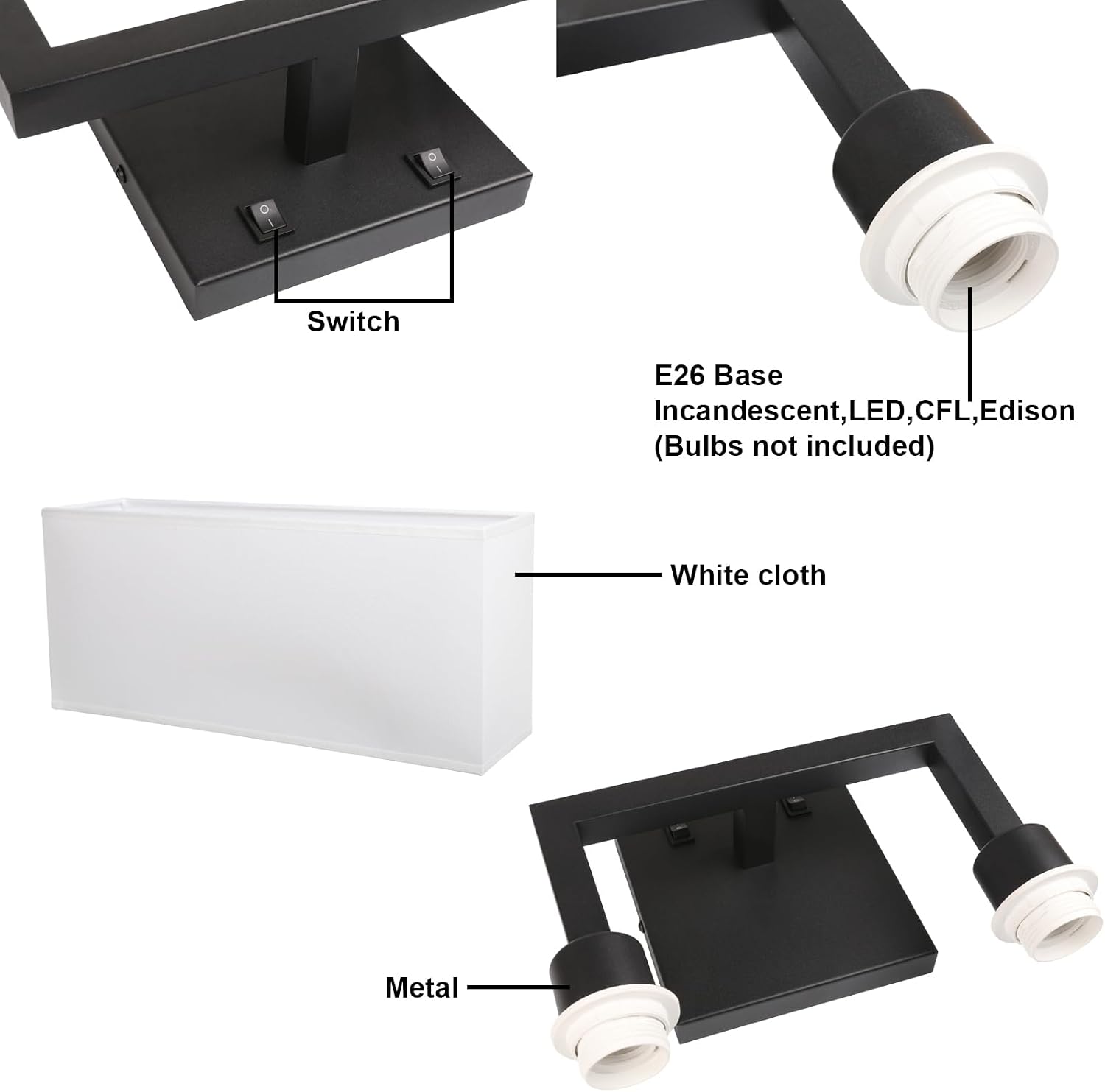 Yosoan Set of 2 Indoor Bedside Wall Sconce with On Off Switch, Modern Boho Interior Finish Brass 2-Light Vanity Vintage Industrial with Square White Fabric Shade for Reading Room Hallway(Black)