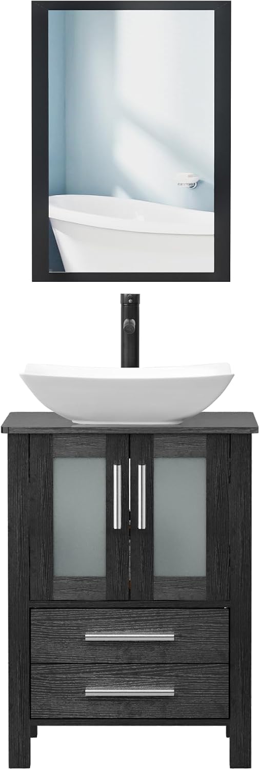 UEV 24' Black Bathroom Vanity with Vessel Sink,Modern Bathroom Vanity Cabinet,Modern Artistic Ceramic Vessel Sink Combo,Faucet Sink Bowl,Pop Up Drain Included,Mirror Not Included(032WHNew)