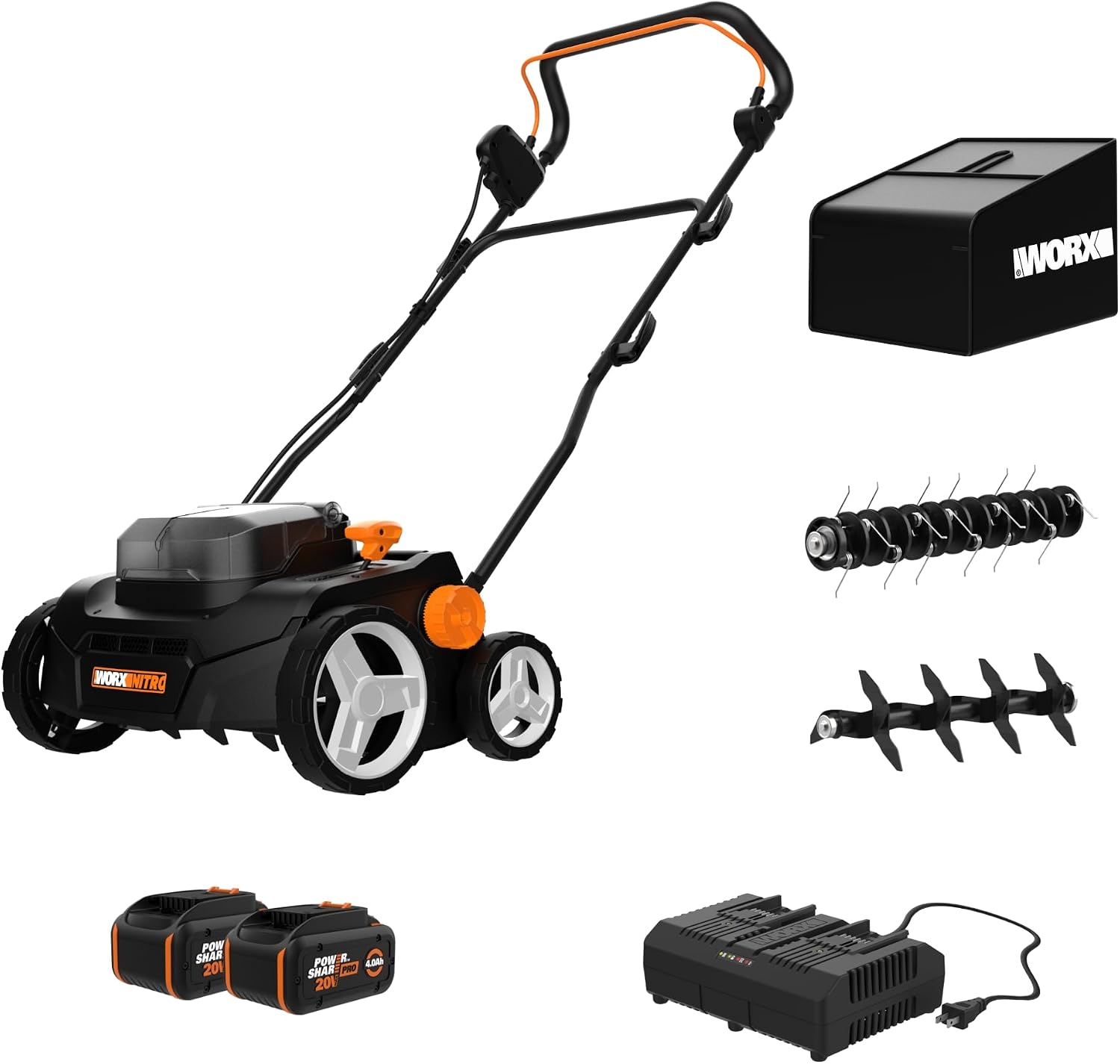 Worx 40V Cordless Lawn Dethatcher, 2 in 1 Dethatcher & Scarifier with Brushless Motor, Electric Dethatcher Removes Deep Thatch & Improves Grass Health, 2 × 4.0 Ah Batteries & Charger Included, WG855