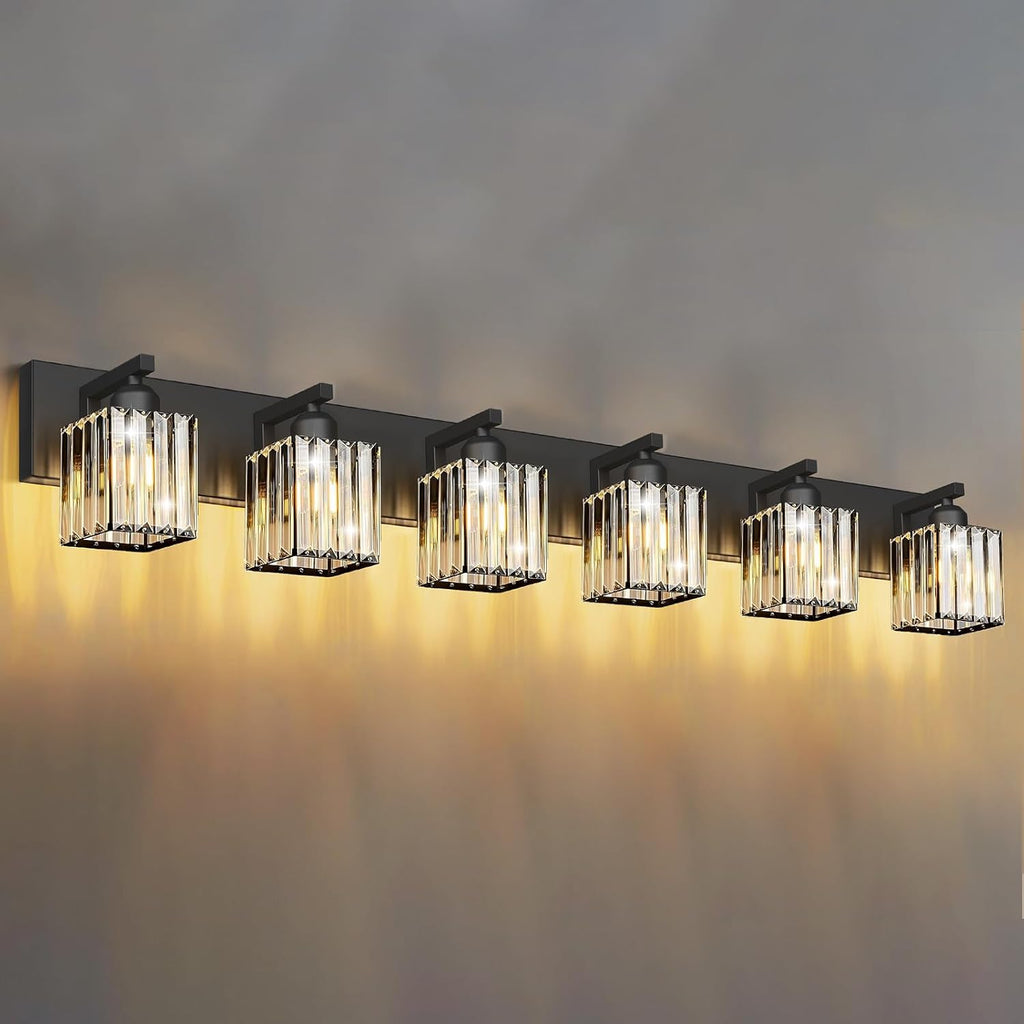 Black Crystal Bathroom Vanity Light, 6-Light Modern Bathroom Lighting Fixtures Over Mirror, Matte Black Wall Sconce Light Fixtures with Square Shade