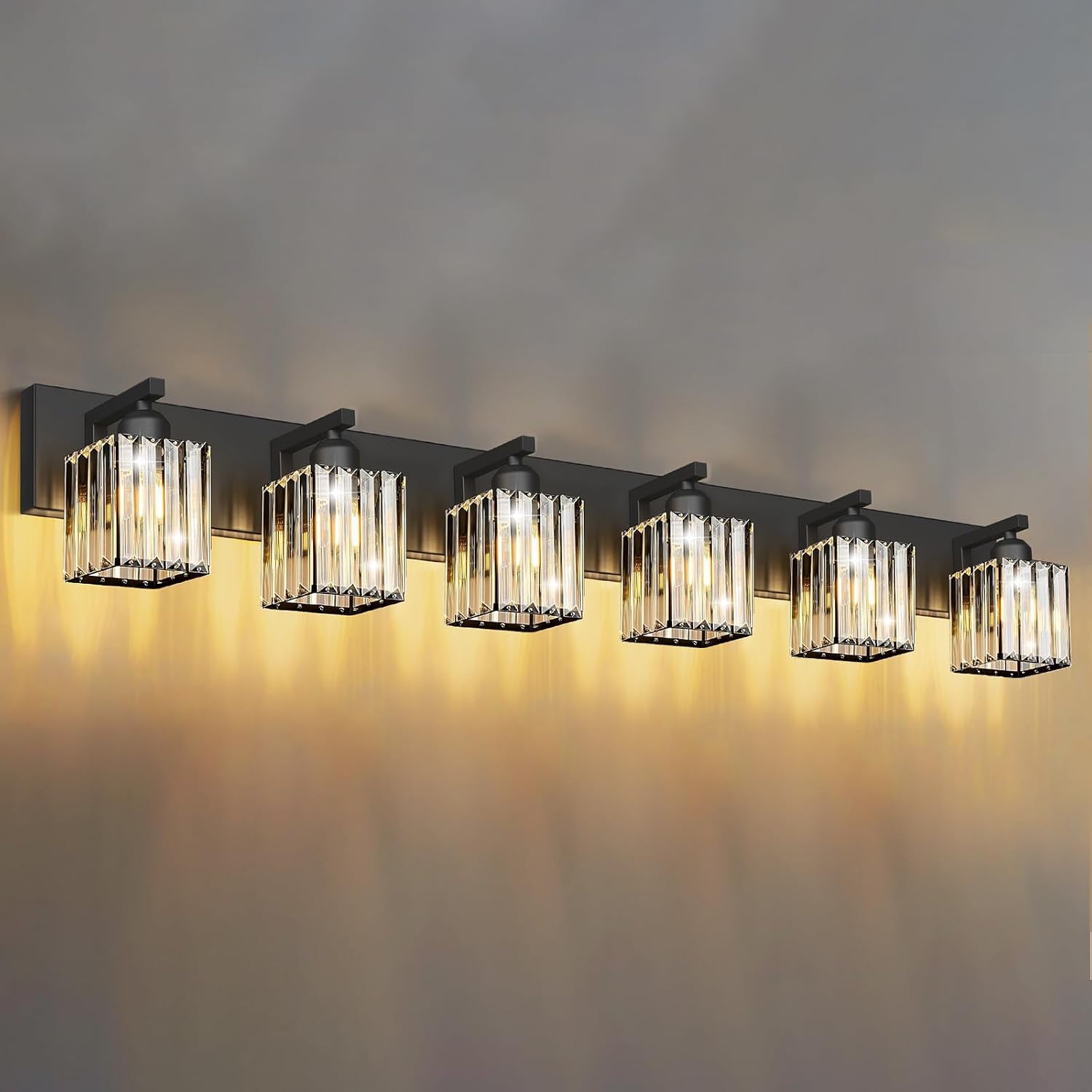 Black Crystal Bathroom Vanity Light, 6-Light Modern Bathroom Lighting Fixtures Over Mirror, Matte Black Wall Sconce Light Fixtures with Square Shade