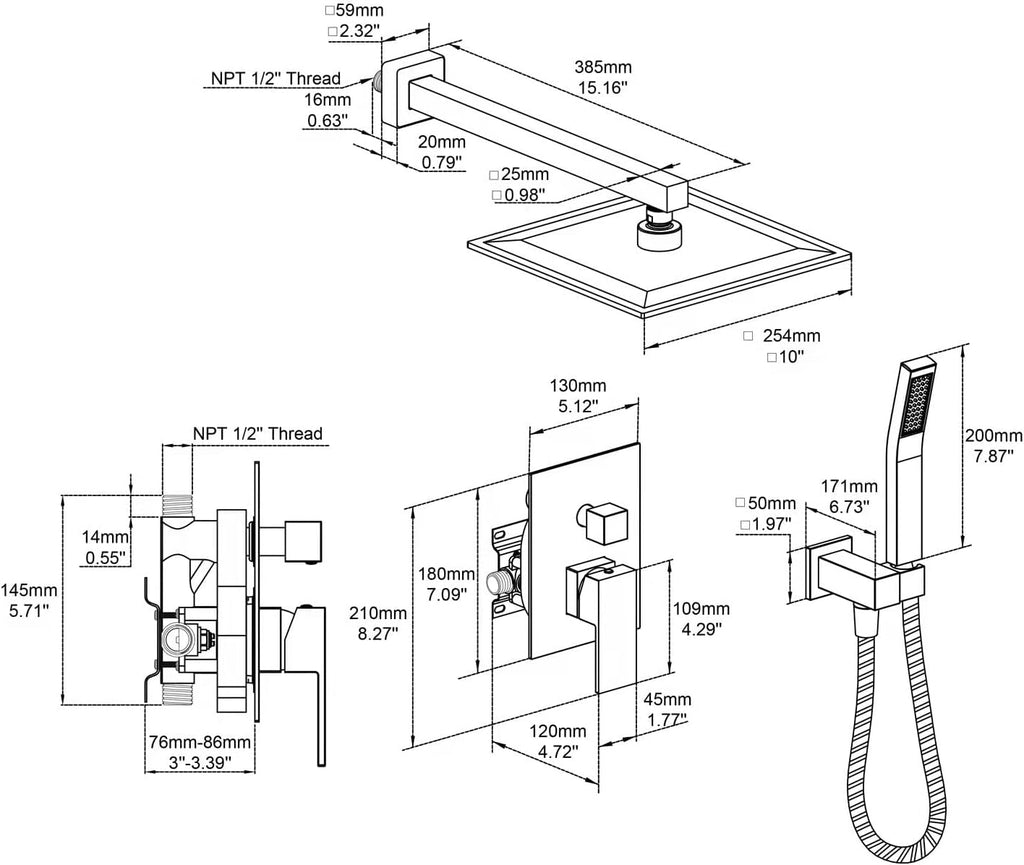 Shower System 10 Inches Rain Shower Combo Set Black Wall Mount Faucet Bathroom Faucets with Rainfall Shower Head and Hand Shower