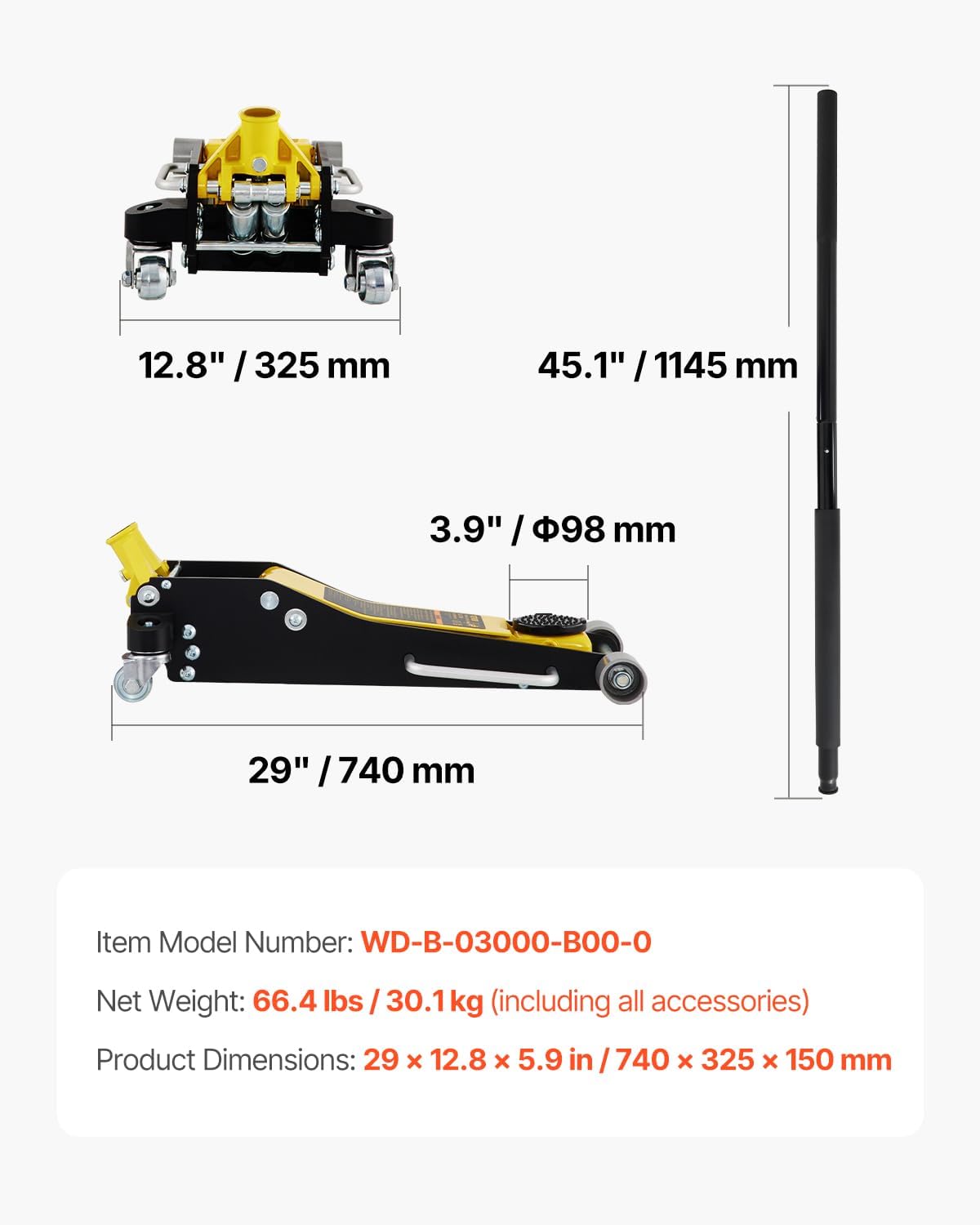 VEVOR 3 Ton Low Profile Aluminum & Steel Racing Floor Jack | Dual Pistons Quick Lift Pump, Sport Utility Vehicle, Lifting Range 3-6/11'-19-11/16', Yellow & Black