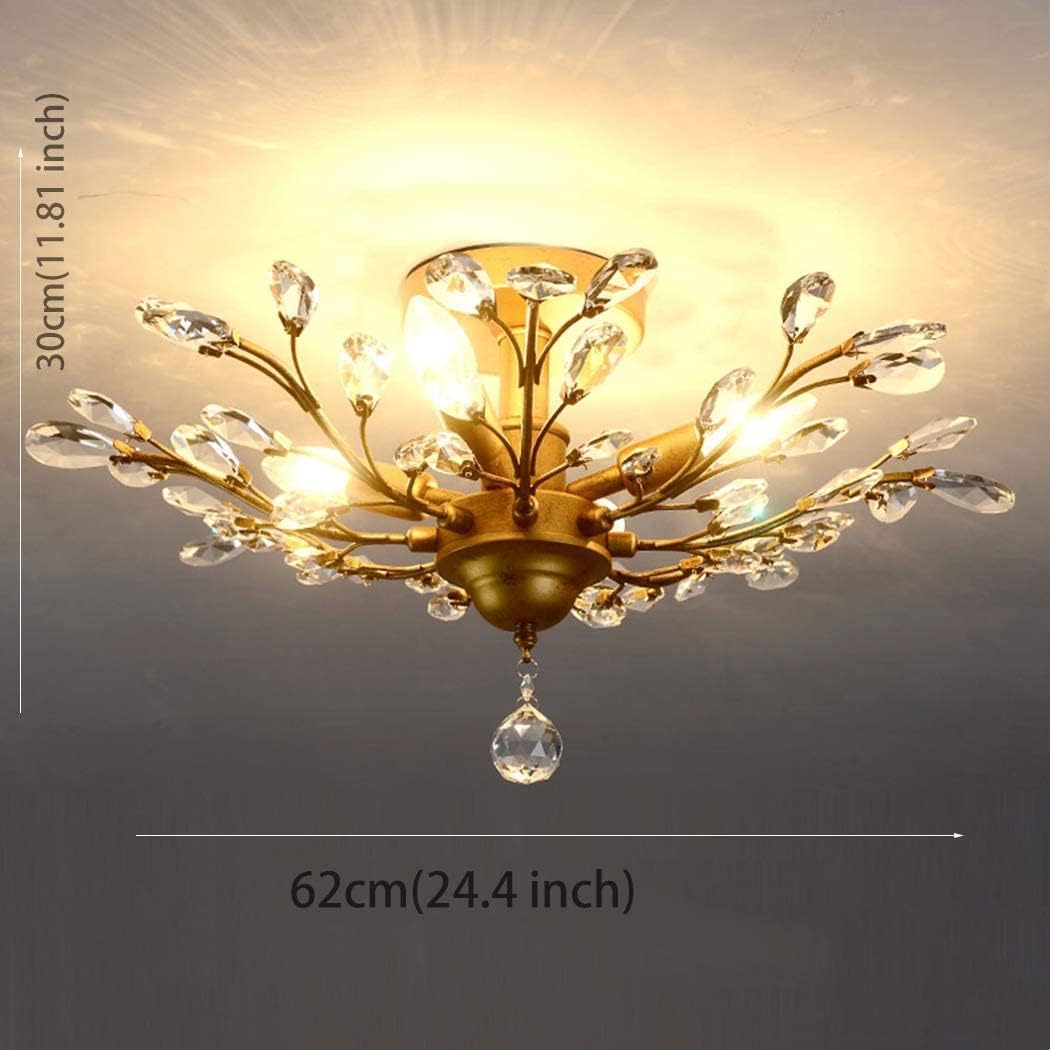 Chandeliers, V-intage Crystal Branches Chandelier Wrought Iron Ceiling Light Flush Mounted Fixture with 4 Light for Living Room Bathroom Bar Loft Club(Black)