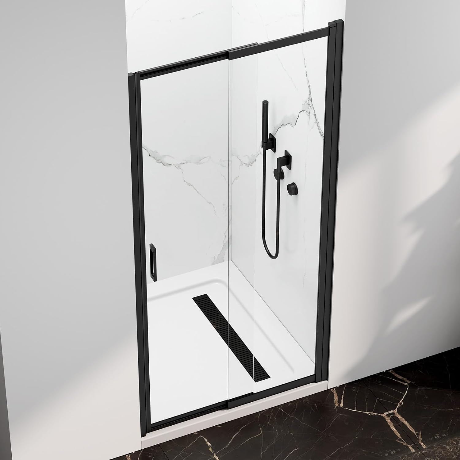 34-37' W x 72' H Pivot Swing Glass Shower Doors, 180° Rotating Retractable Bathroom Shower Door, Frameless Sliding Extended Bypass Shower Door with 3/16'(5mm) Clear SGCC Tempered Glass Matte Black